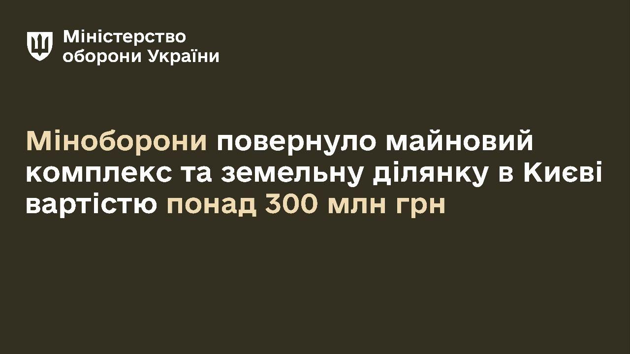 Міноборони у взаємодії з Офісом Генерального прокурора повернуло у власність держави земельну ділянку з майновим комплексом в Дарницькому районі Києва вартістю понад 300 мільйонів гривень. 