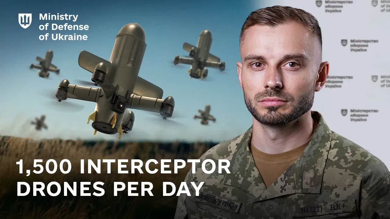 On the right side of the image, a Ministry of Defence spokesperson in military uniform is shown. On the left, a group of grey fixed-wing interceptor drones is flying over a field