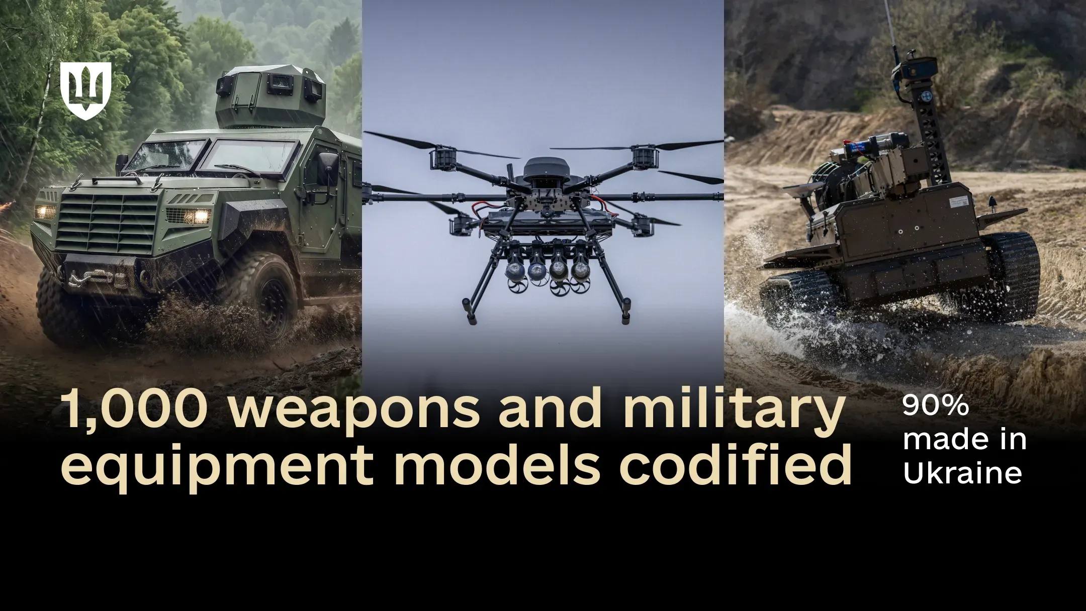A collage of three images of Ukrainian military equipment: an armored vehicle, a hexacopter carrying munitions, and a tracked unmanned ground vehicle