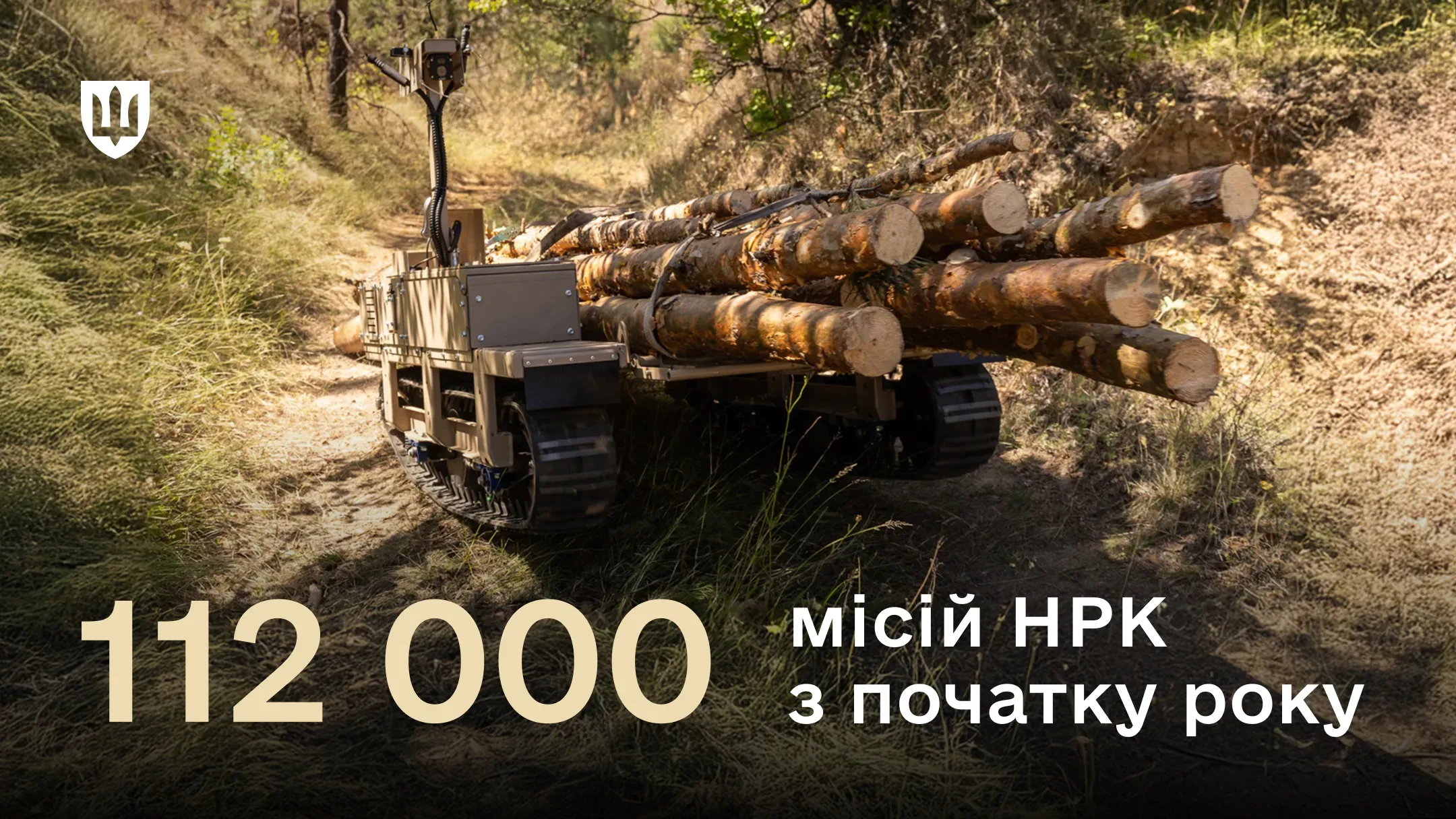 Гусеничний наземний роботизований комплекс, завантажений колодами, рухається ґрунтовою лісовою дорогою