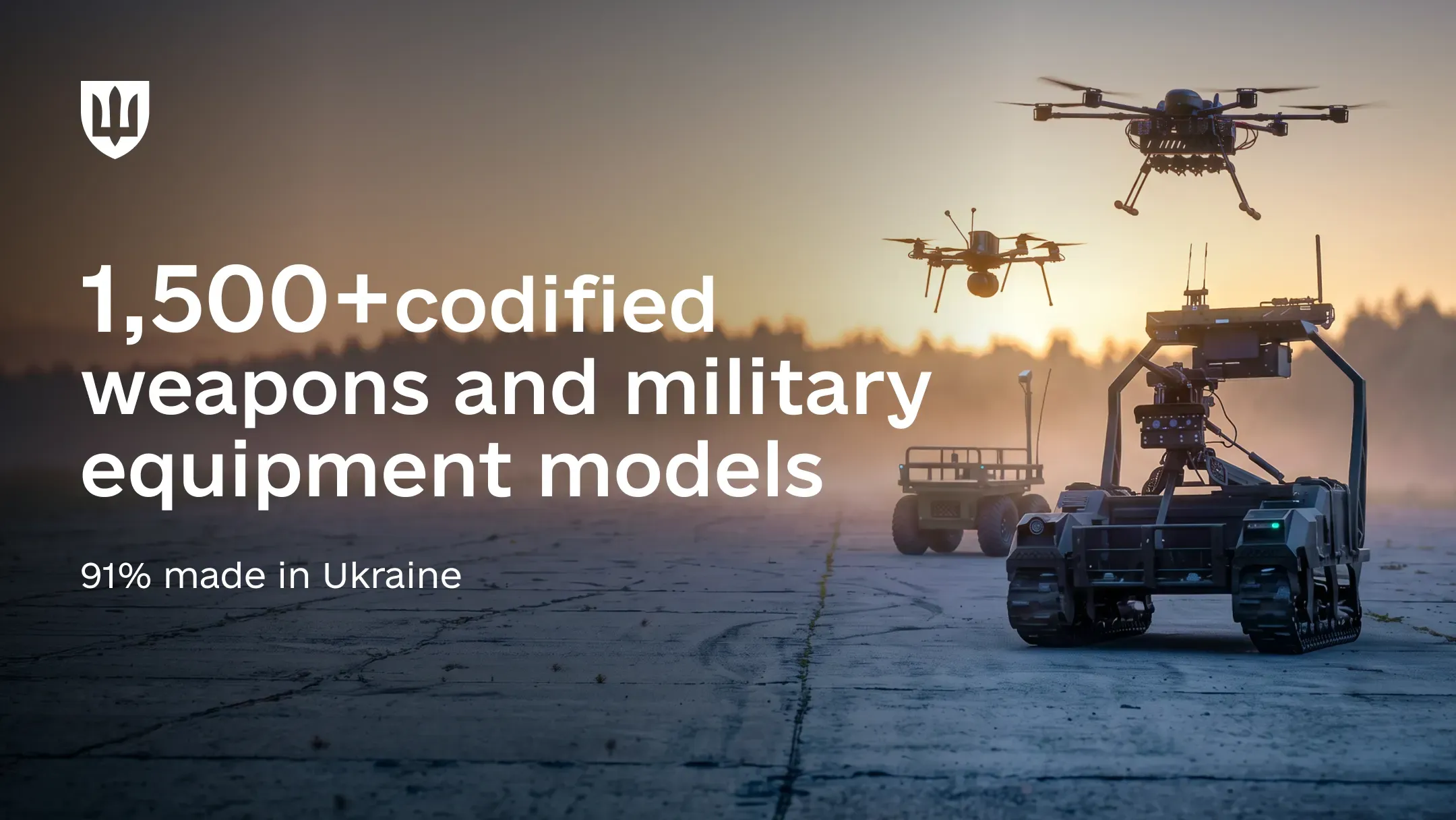 Unmanned ground vehicles (UGVs) on the ground and drones in flight against a sunset sky