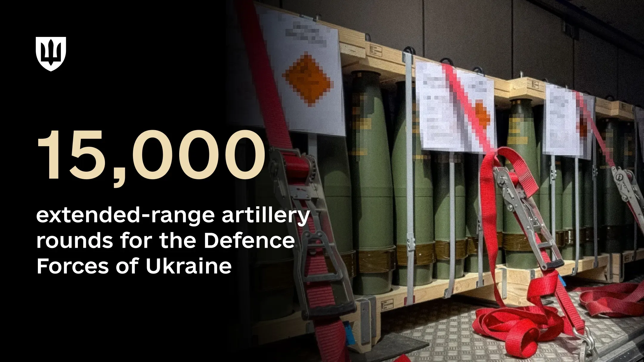 Artillery rounds in wooden packaging secured with red straps