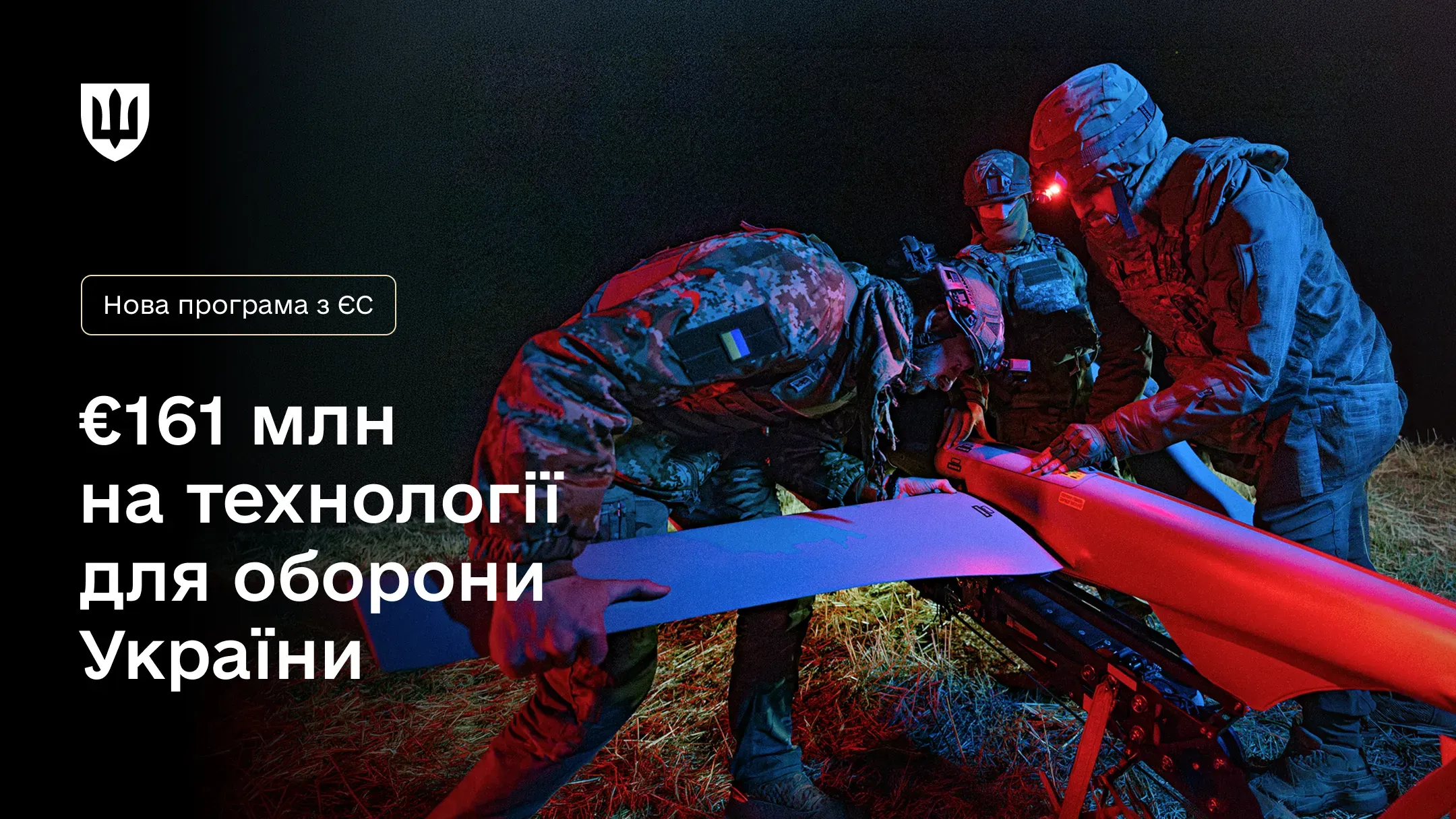 Троє військових у спорядженні працюють з безпілотним літальним апаратом на фоні напису про нову програму від ЄС на суму € 161 млн для оборонних технологій України