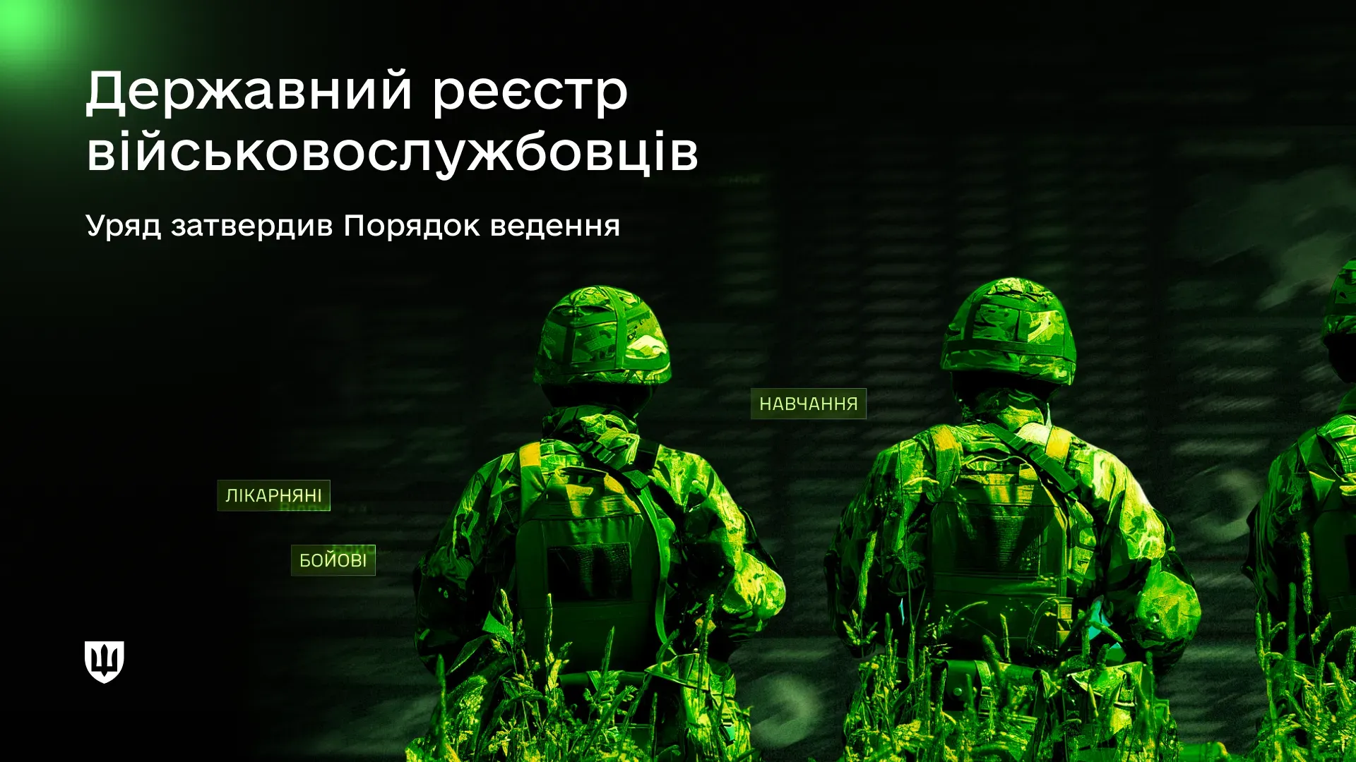 Українські військовослужбовці у військовому спорядженні. Напис: "Державний реєстр військовослужбовців. Уряд затвердив Порядок ведення"