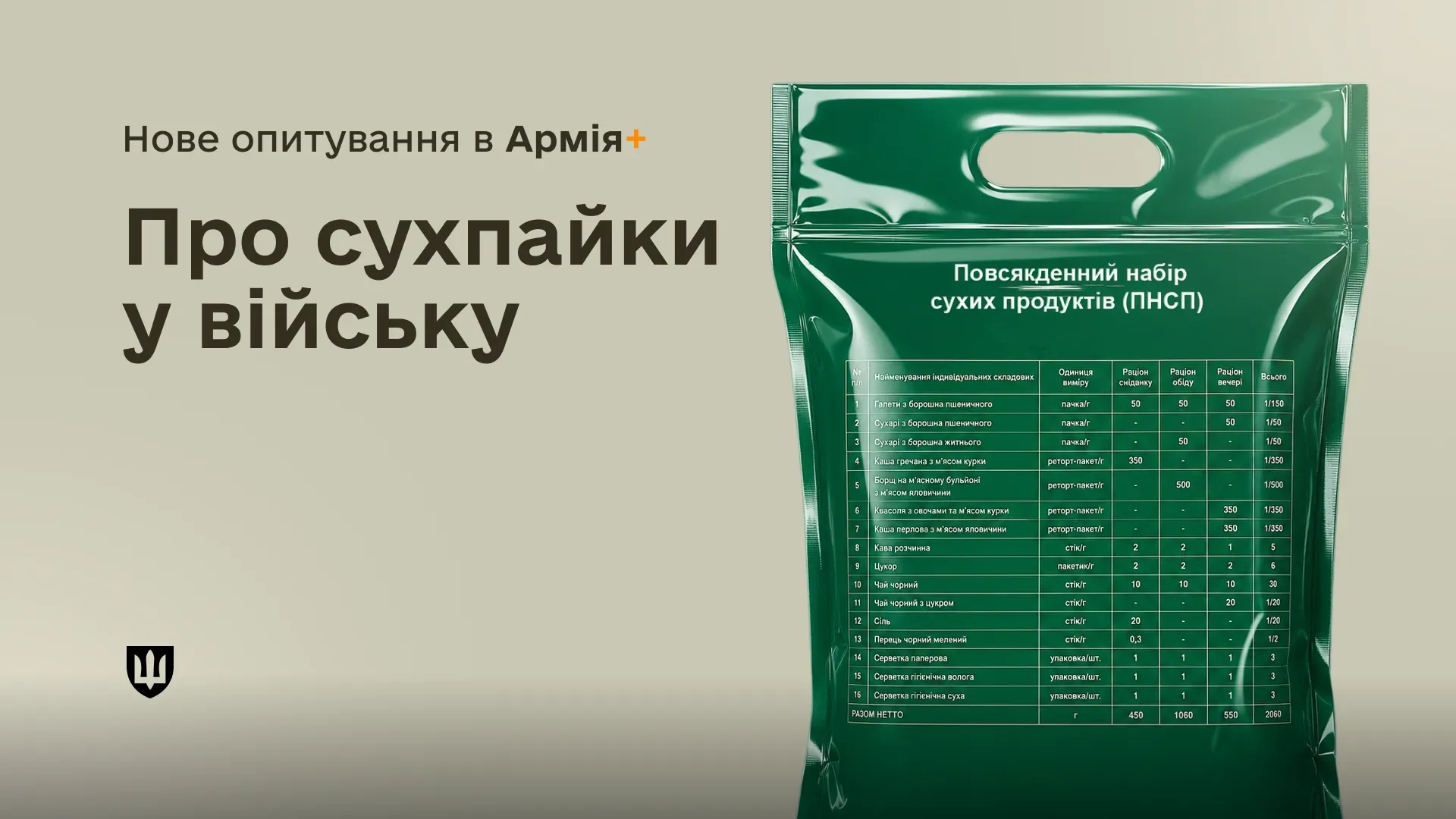 Представлено зелений пакет повсякденного набору сухих продуктів (ПНСП) із таблицею його складу