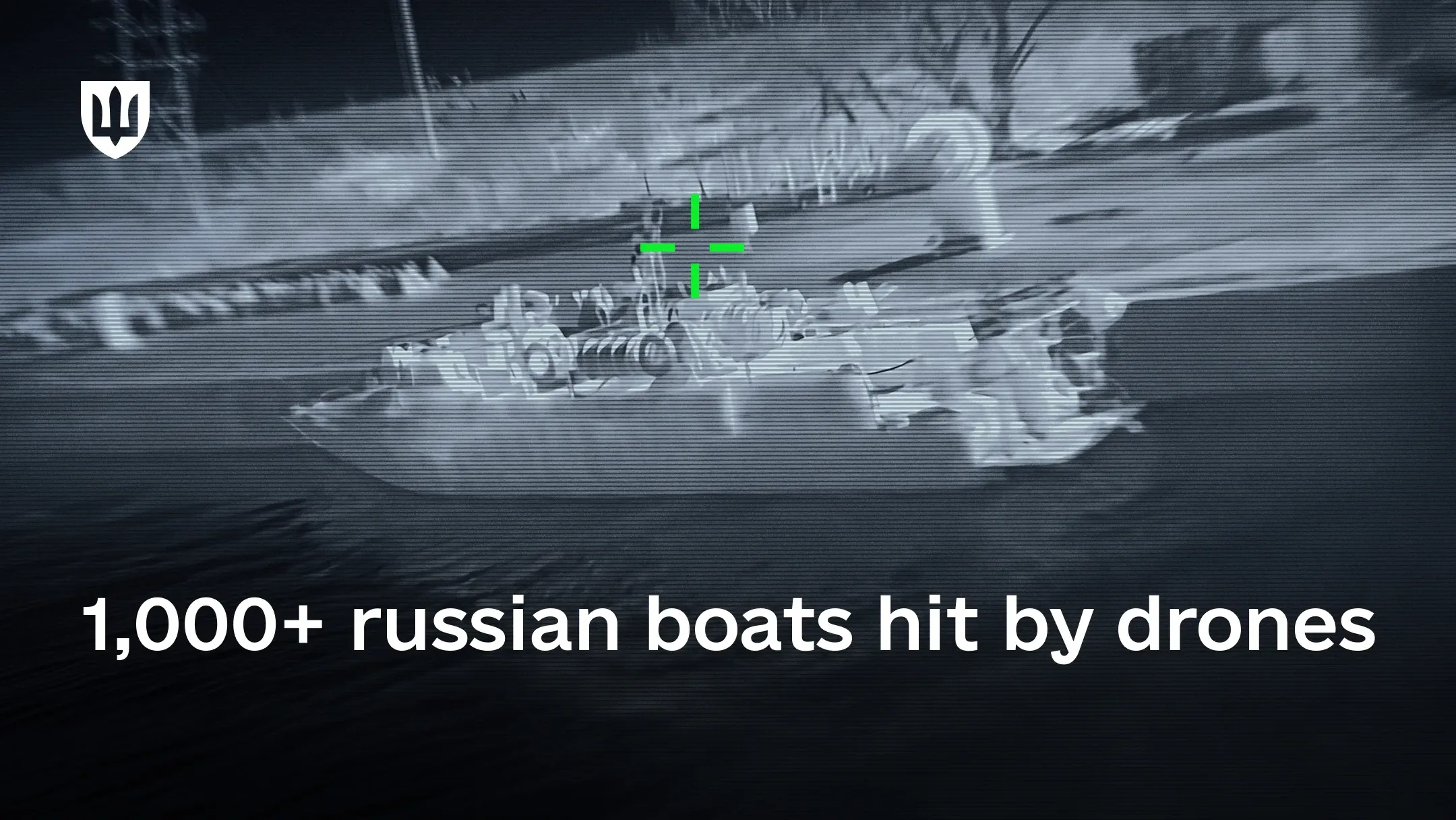 A thermal sight image of a boat on the water with a green aiming reticle over it and the Ministry of Defence of Ukraine logo. Text on image: “1,000+ russian boats hit by drones”