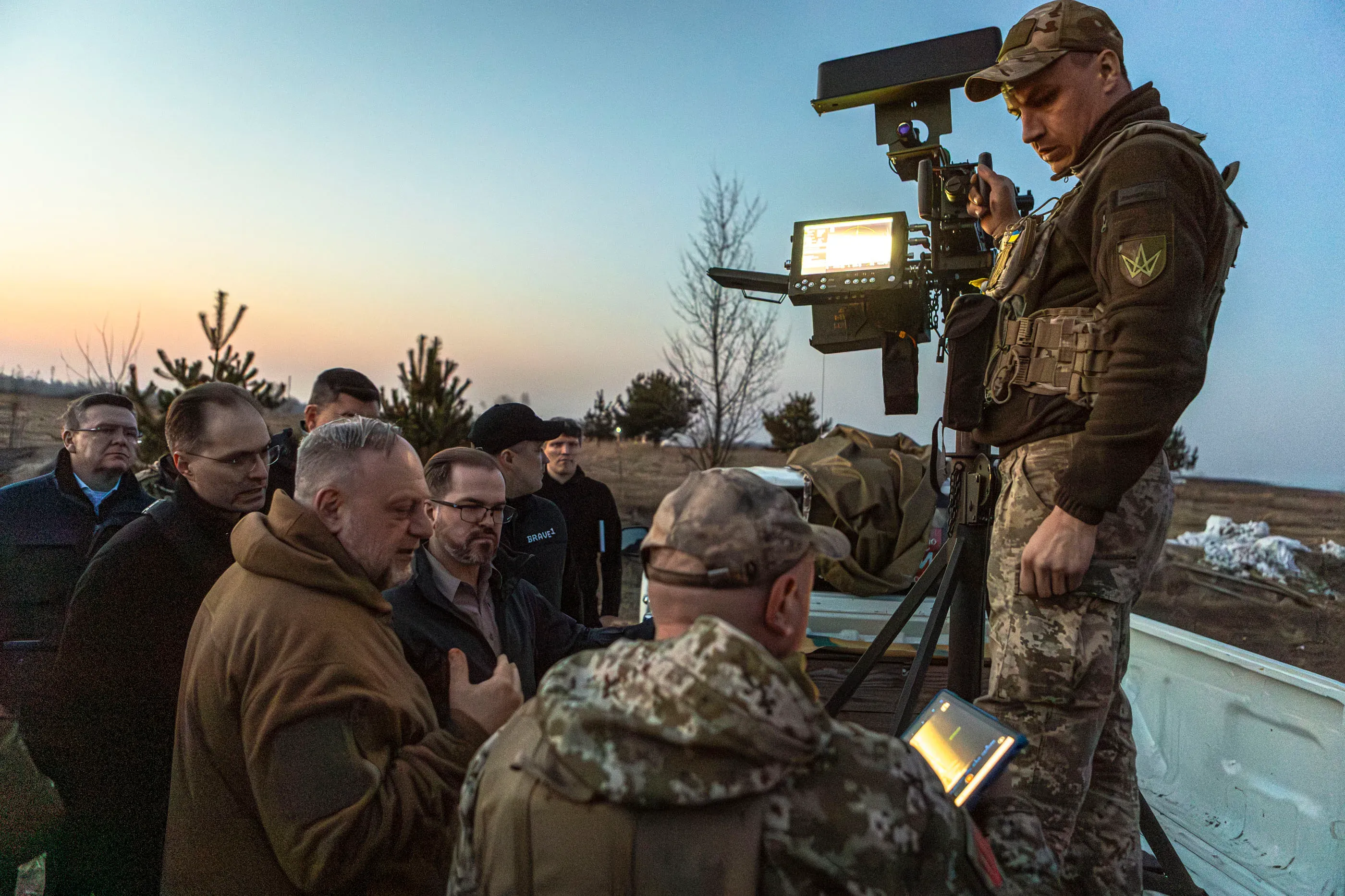 Mykhailo Fedorov and Robertas Kaunas observe a mobile fire group in action and its air defence equipment