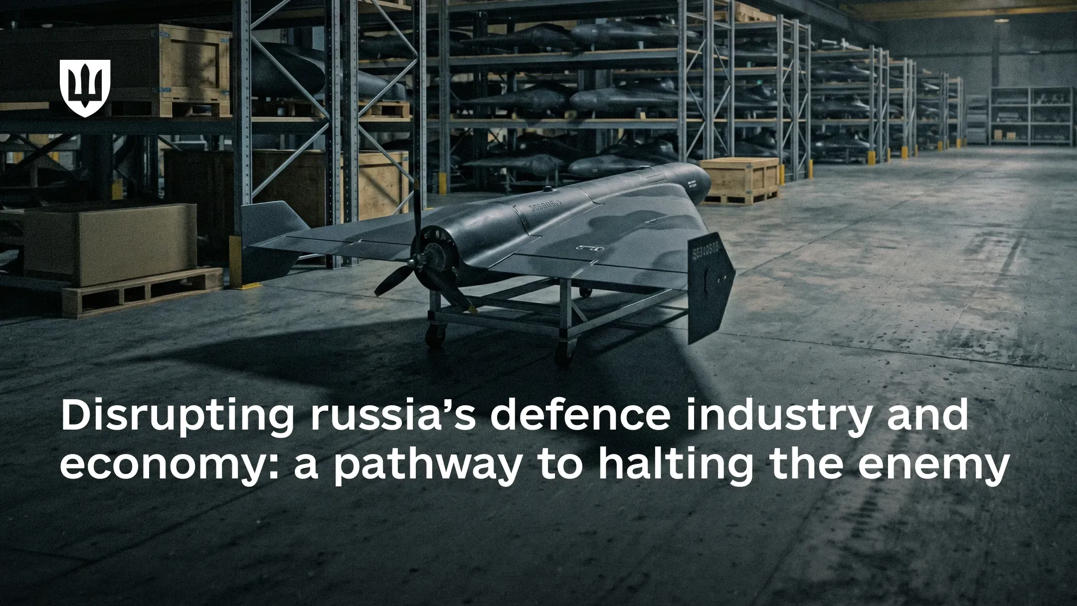 A dark strike drone positioned on a stand in a large warehouse interior filled with rows of metal racks