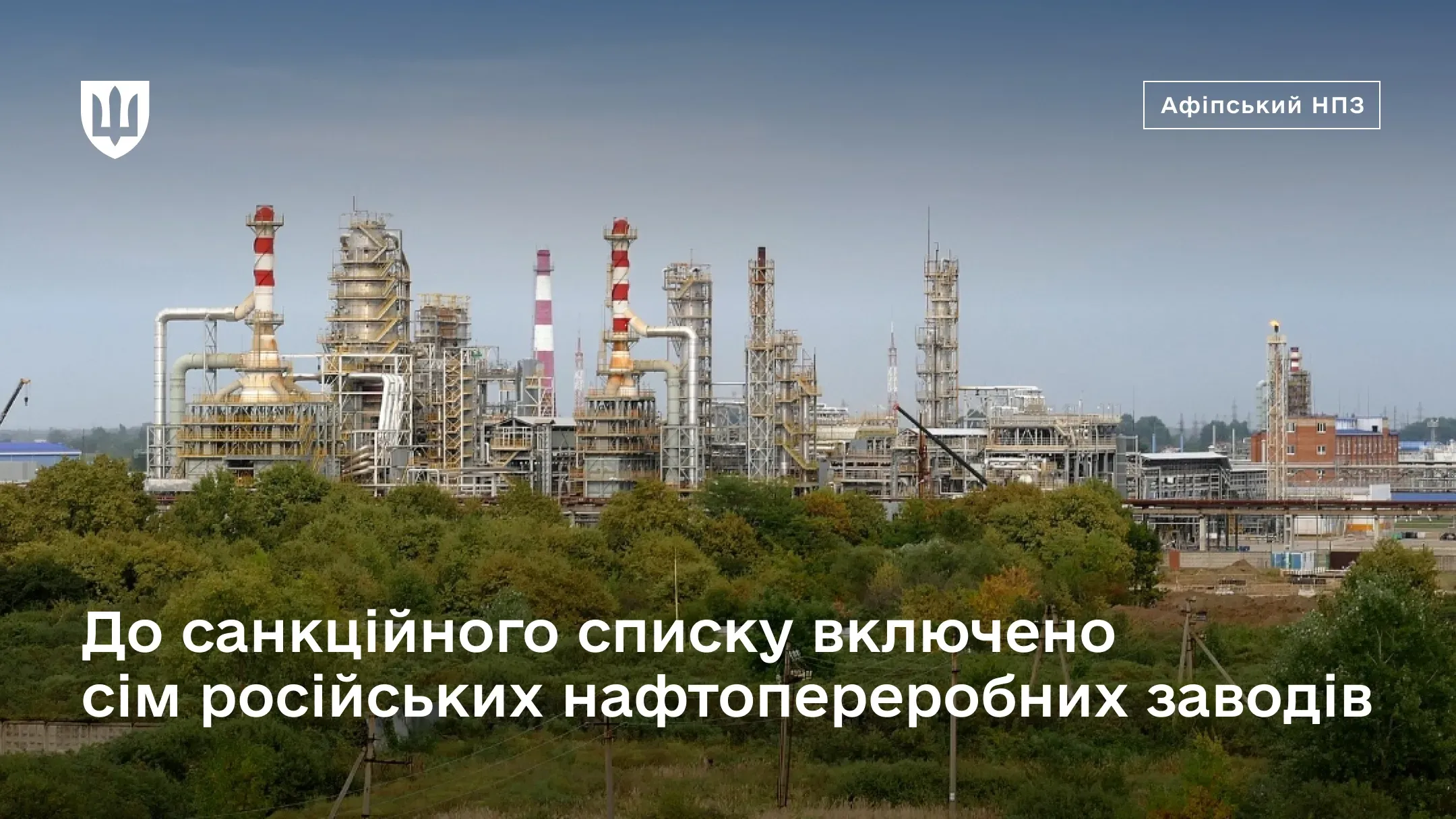 Індустріальний пейзаж Афіпського нафтопереробного заводу з численними високими трубами, колонами та резервуарами на тлі зелених дерев