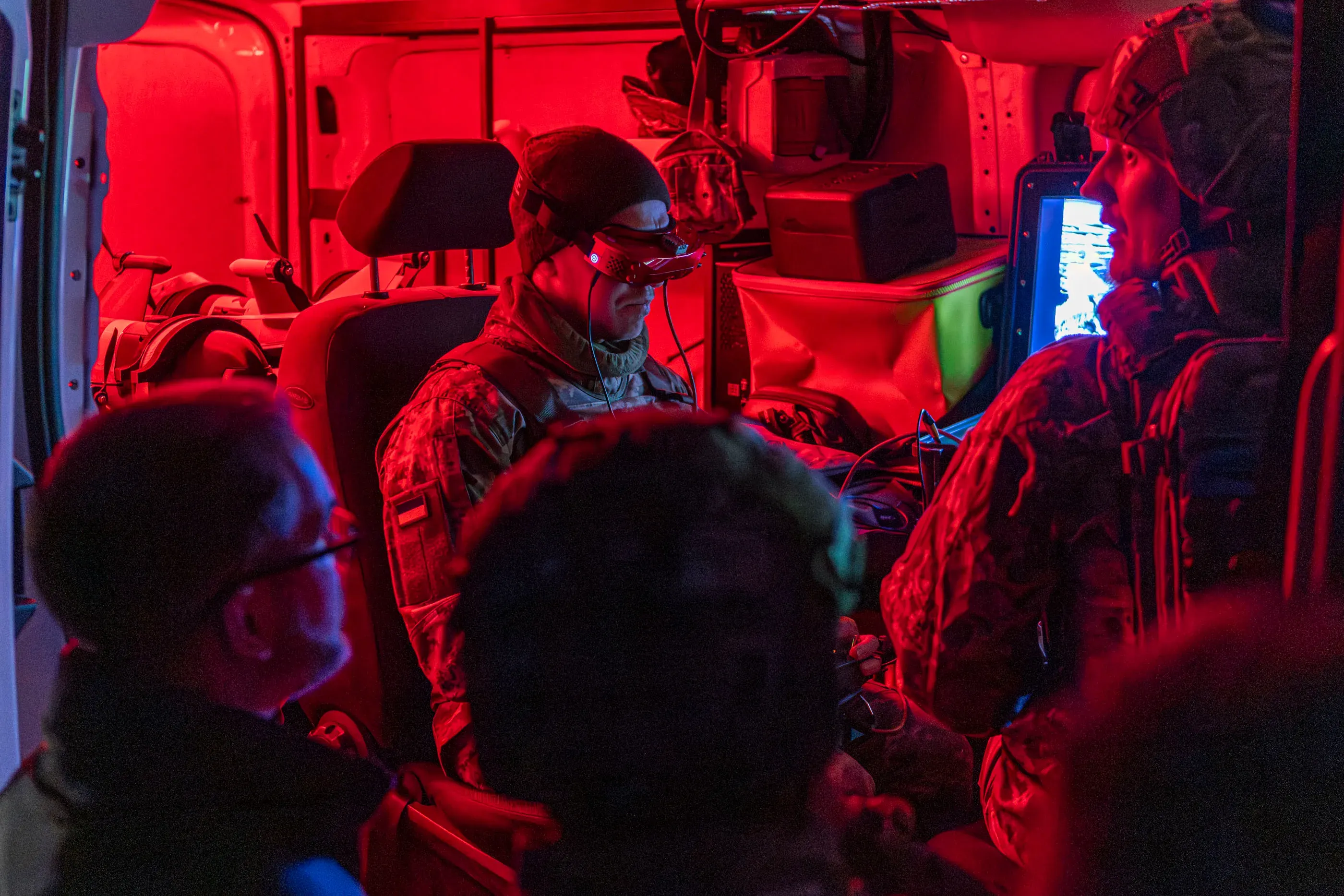 Ukrainian service members operate a mobile command post during combat duty