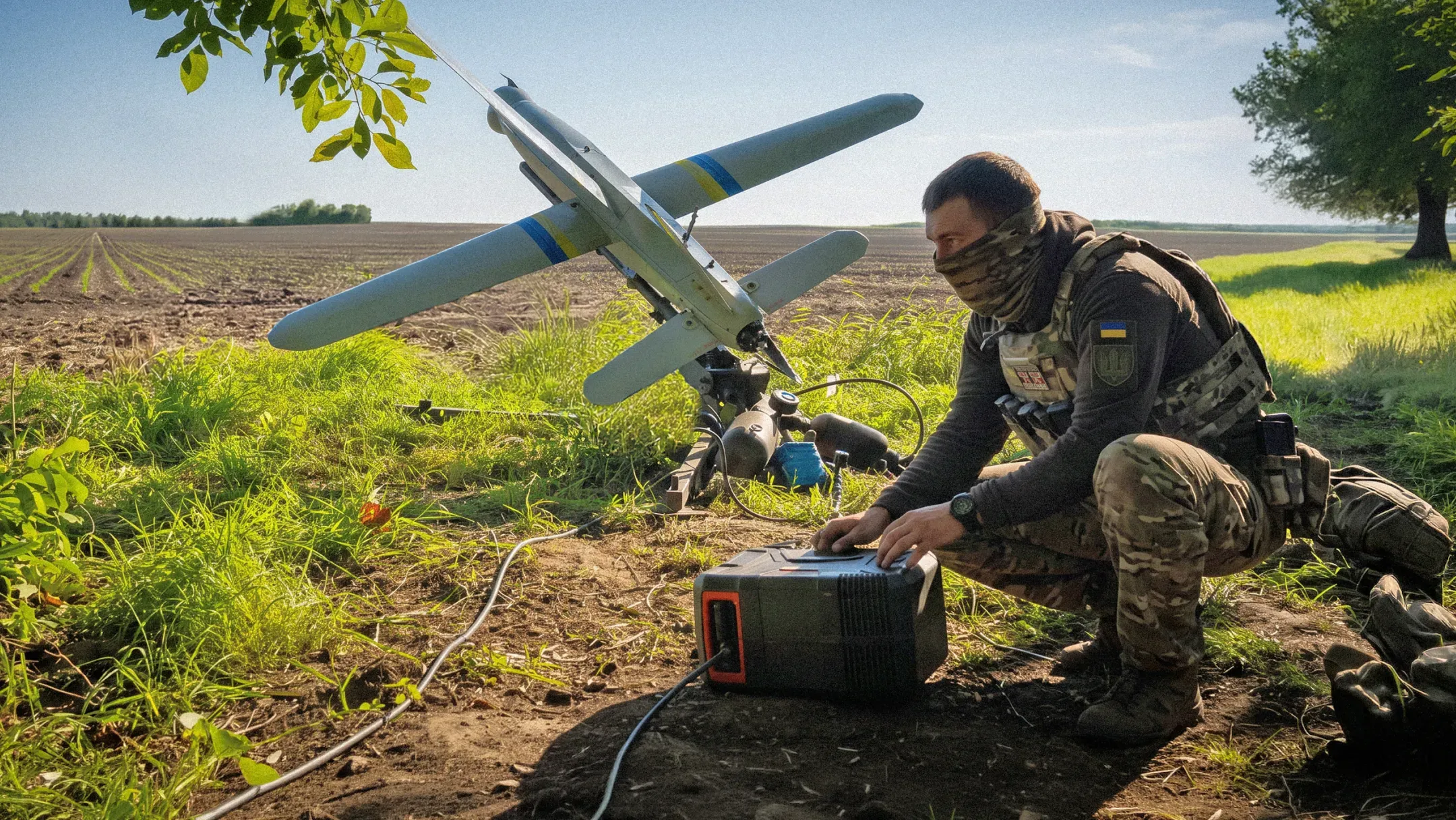 Український військовий готує безпілотник до запуску в польових умовах