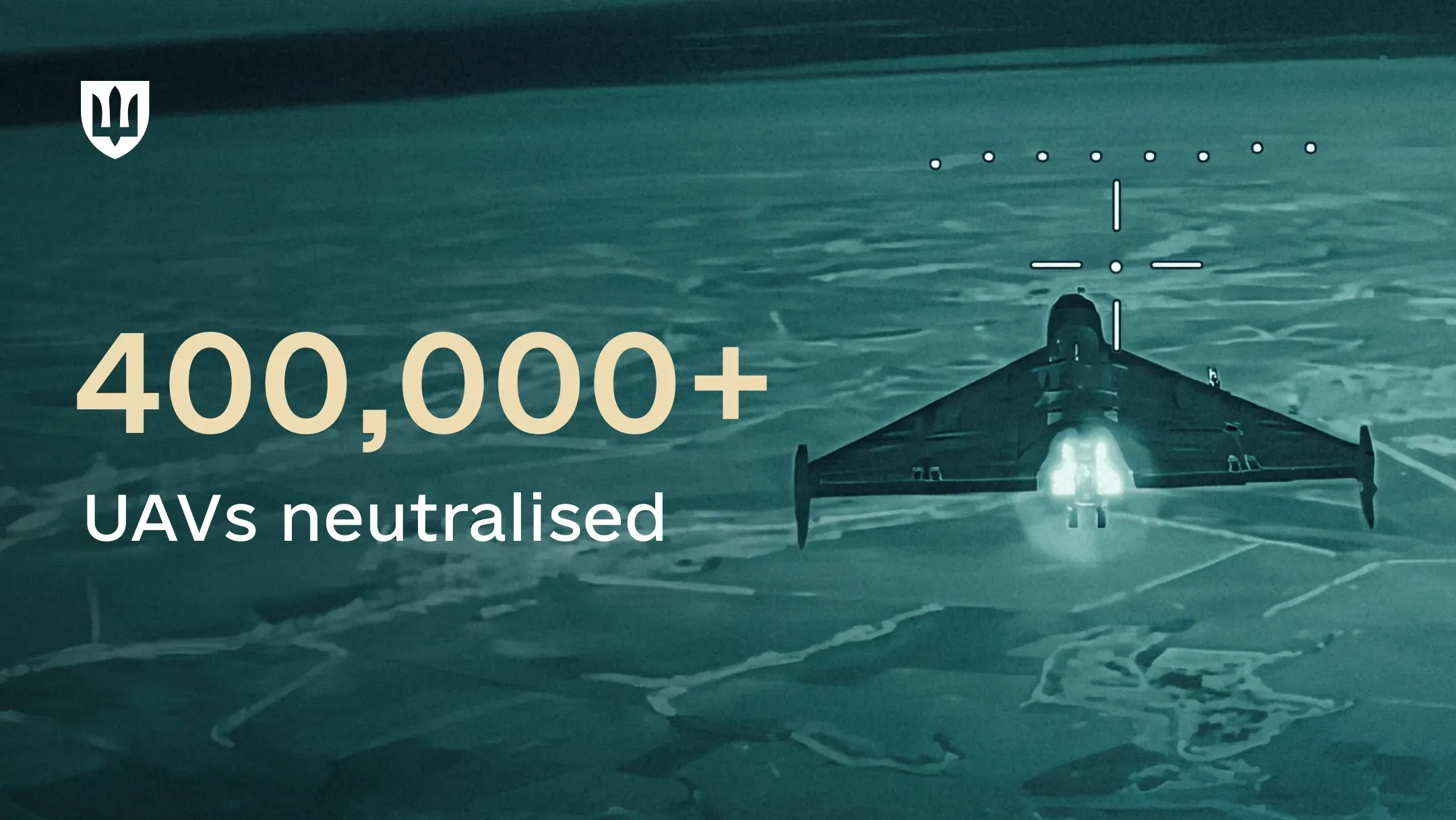 A thermal-imaging view through a sight showing a Shahed-type UAV in flight, with the text “400,000+ UAVs neutralized”