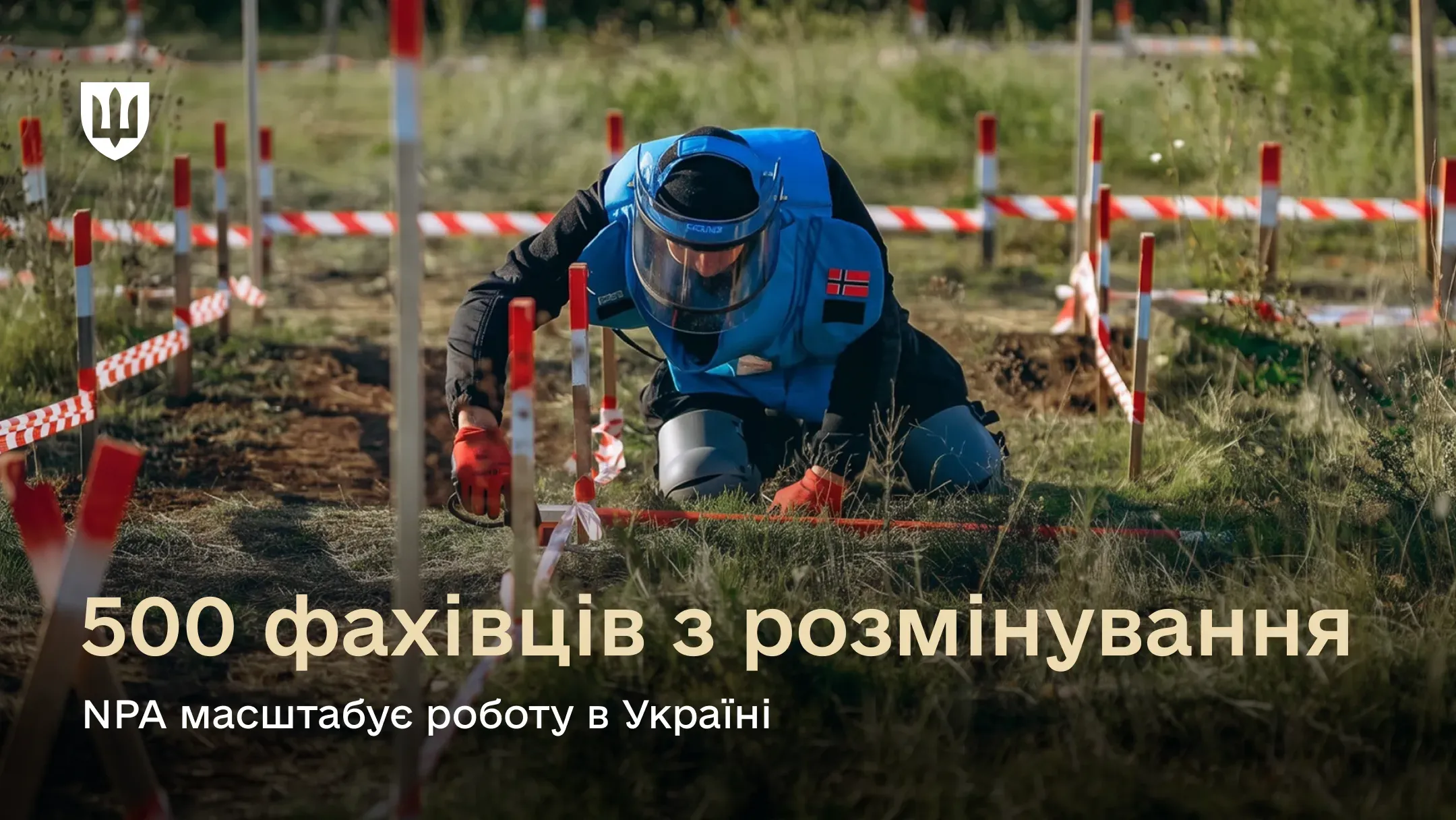 Сапер у захисному спорядженні працює на розміченій території для очищення від вибухонебезпечних предметів