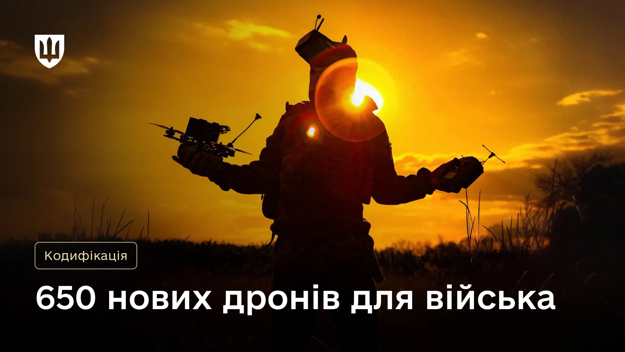 На тлі заходу сонця чи світанку зображено силует військовослужбовця, який тримає в руках безпілотні апарати та пульти керування