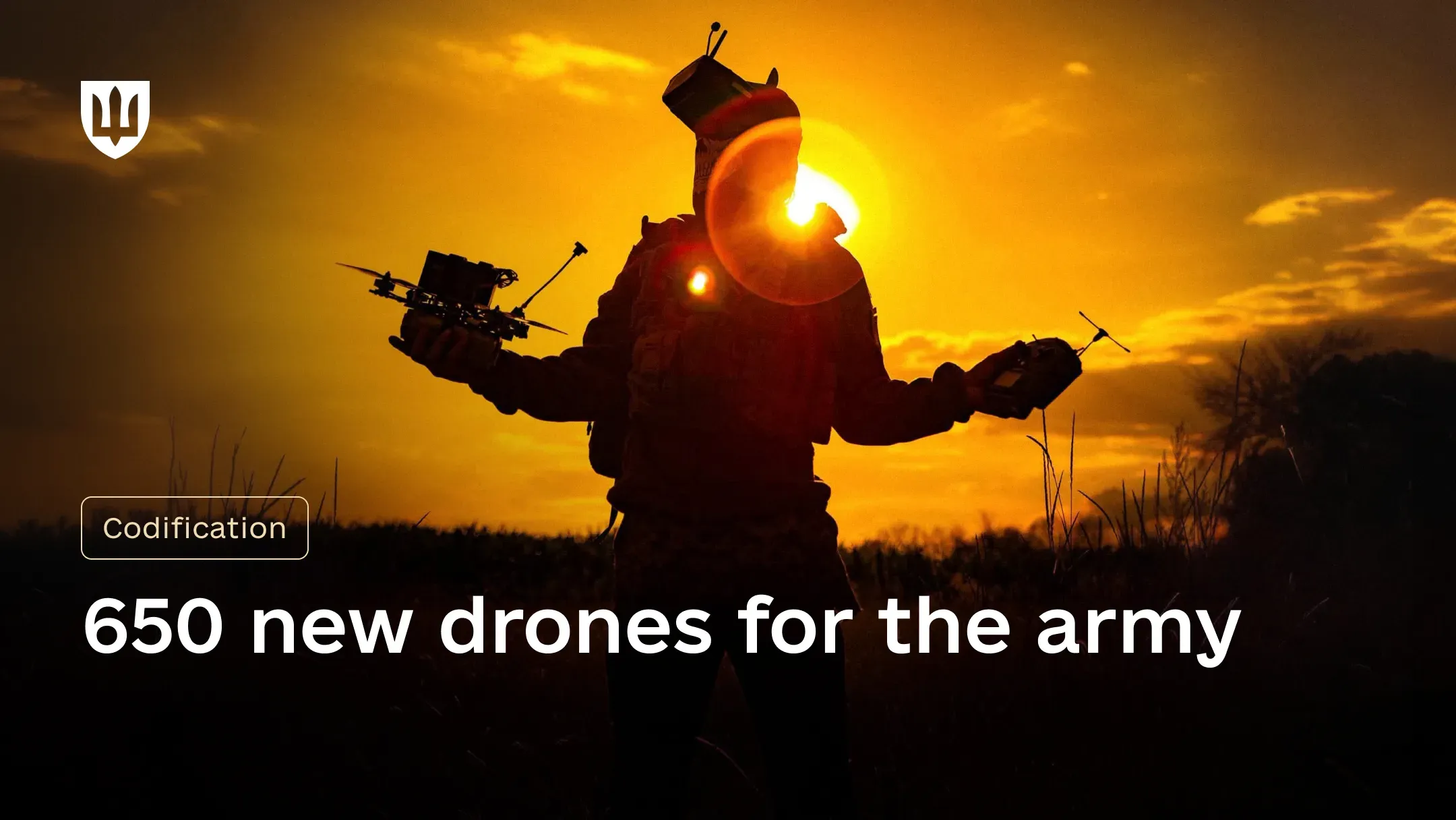 A silhouetted service member holds drones and their control units against a sunset sky