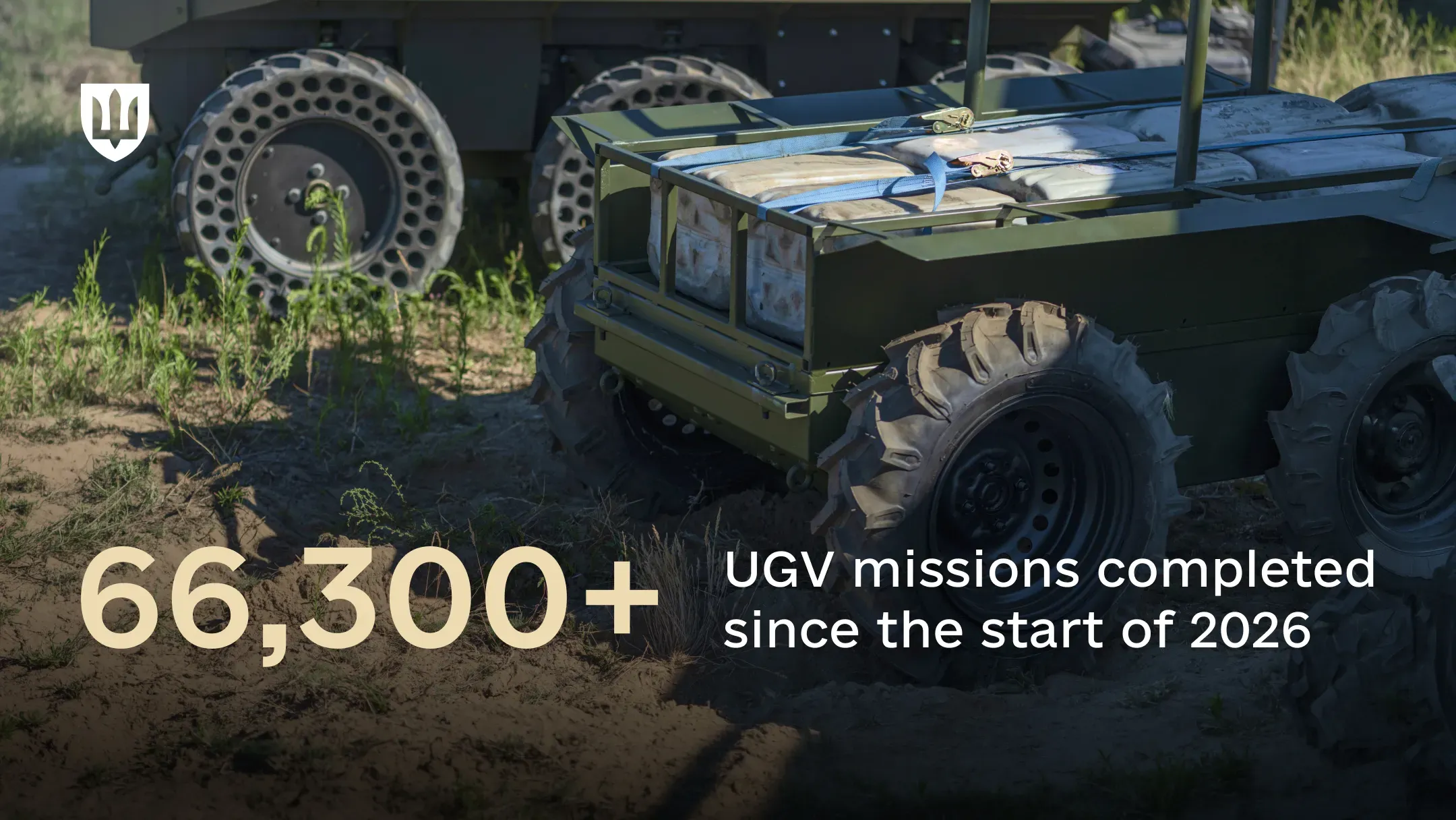 A logistics UGV loaded with supplies secured by a blue strap stands on a dirt track beside a larger UGV in the background