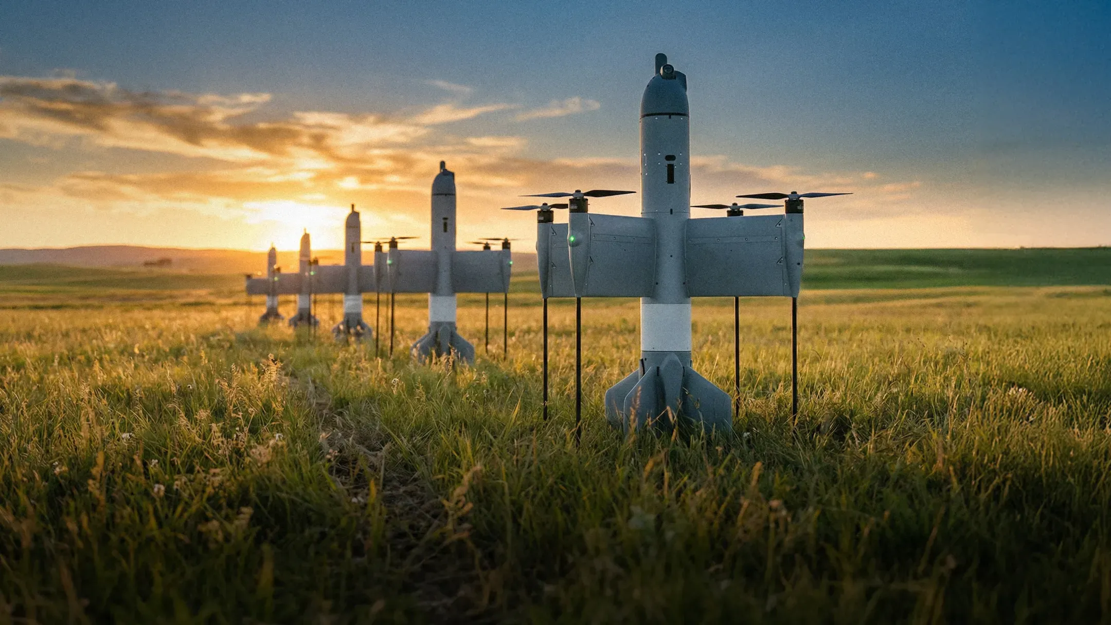 Several Octopus unmanned aerial vehicles lined up in a field.
