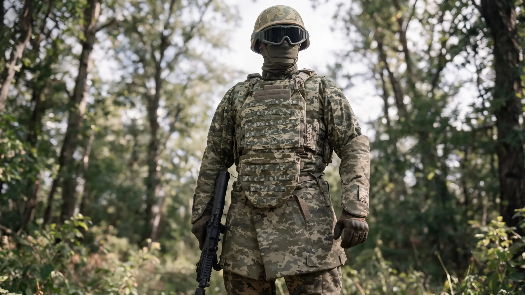 Український військовослужбовець споряджений у протиуламковий костюм