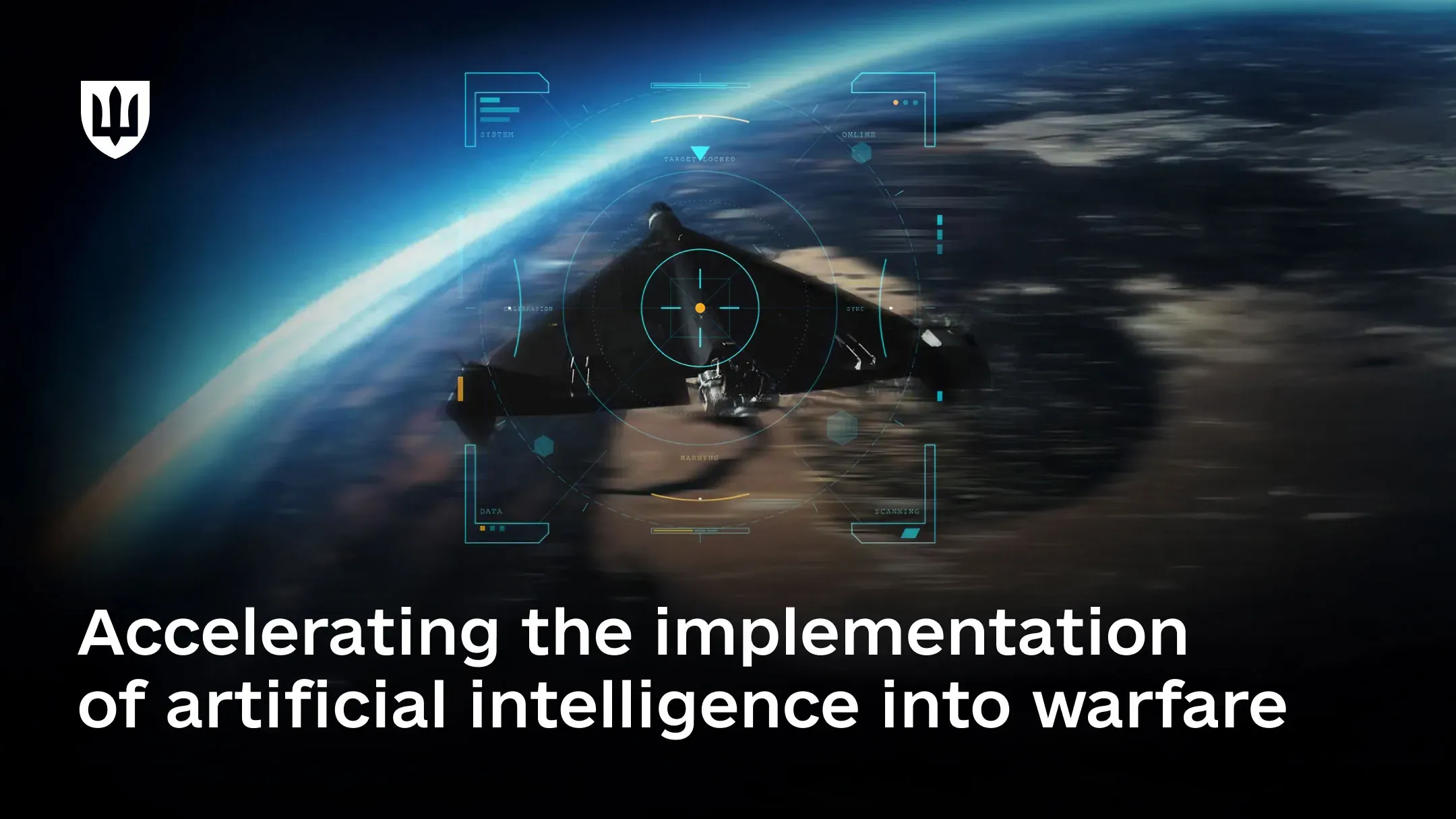 A drone in flight with a digital targeting interface overlay. On-screen text reads: “Accelerating AI integration into warfare.”