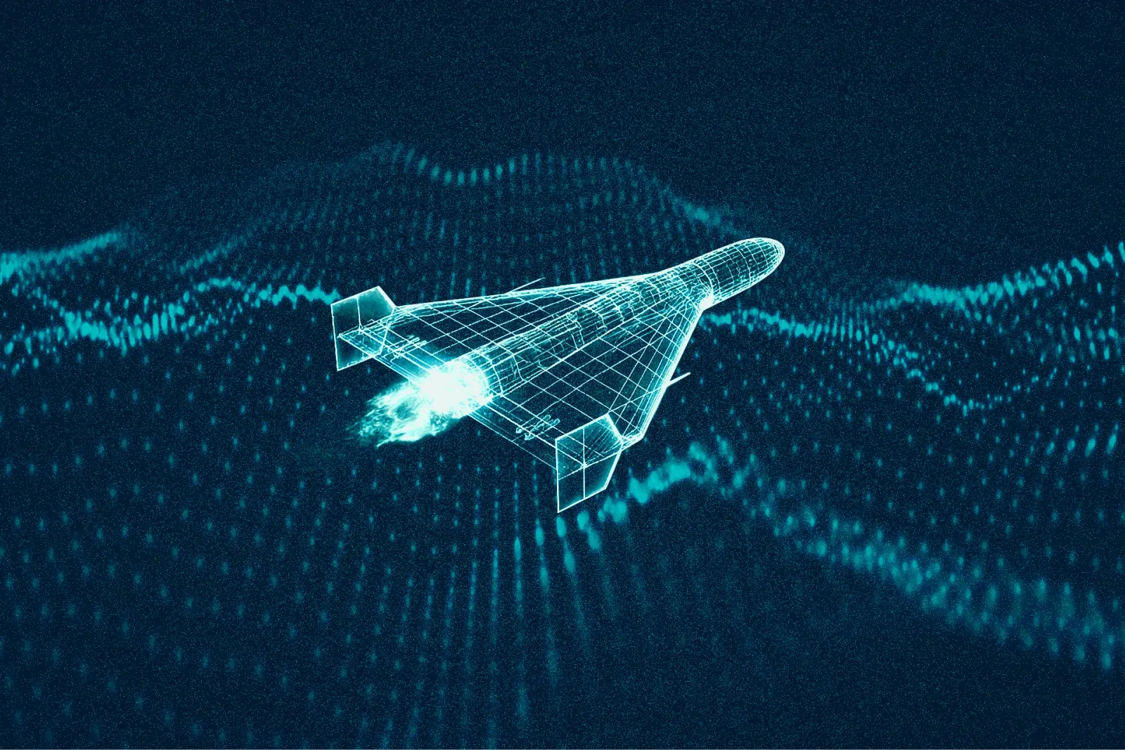 A graphic depiction of a drone as a digital 3D model set against a background of data waves. The image includes the logos of the Ministry of Defence of Ukraine and Brave1