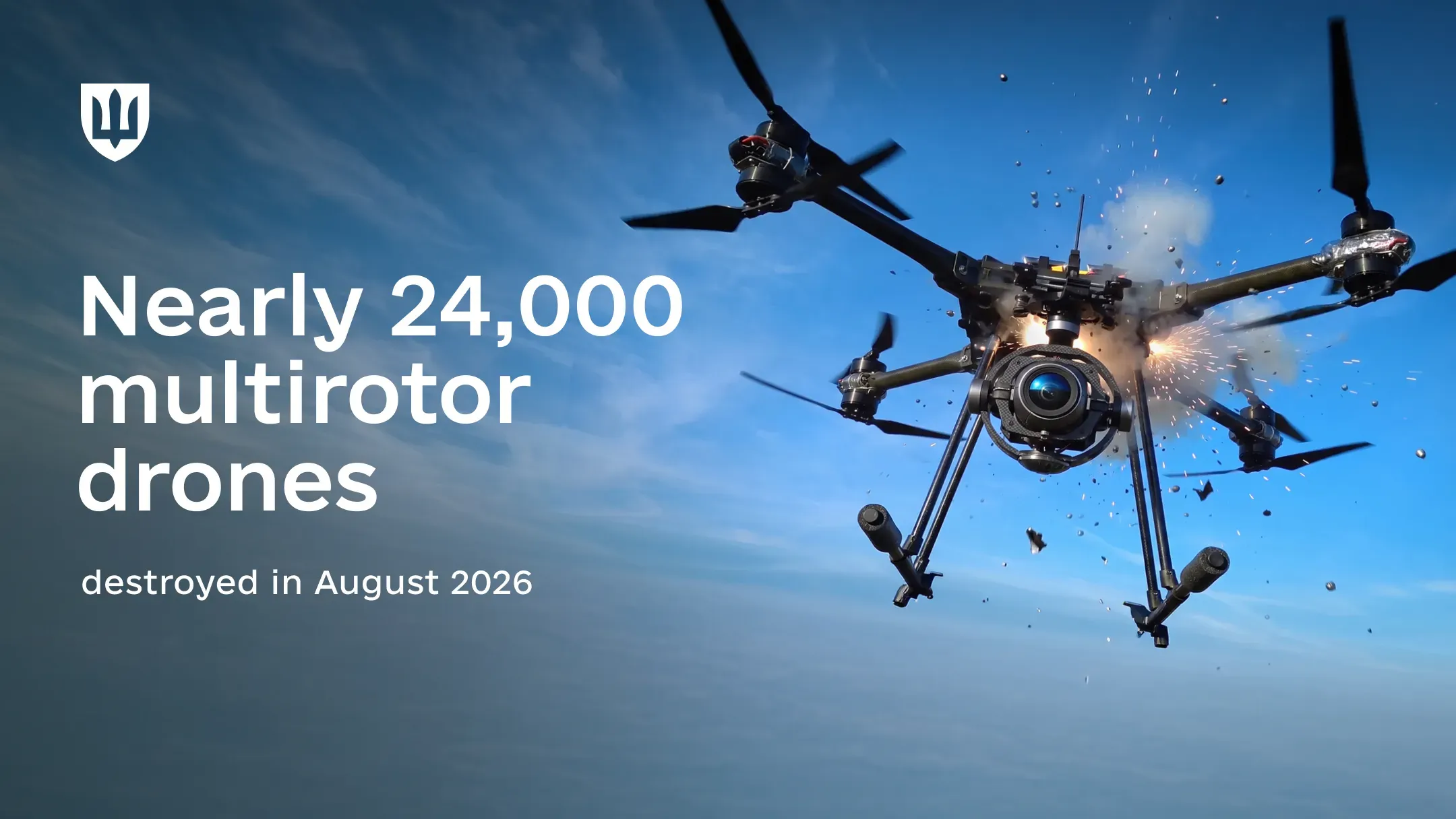 An enemy multirotor drone being shot down in flight
