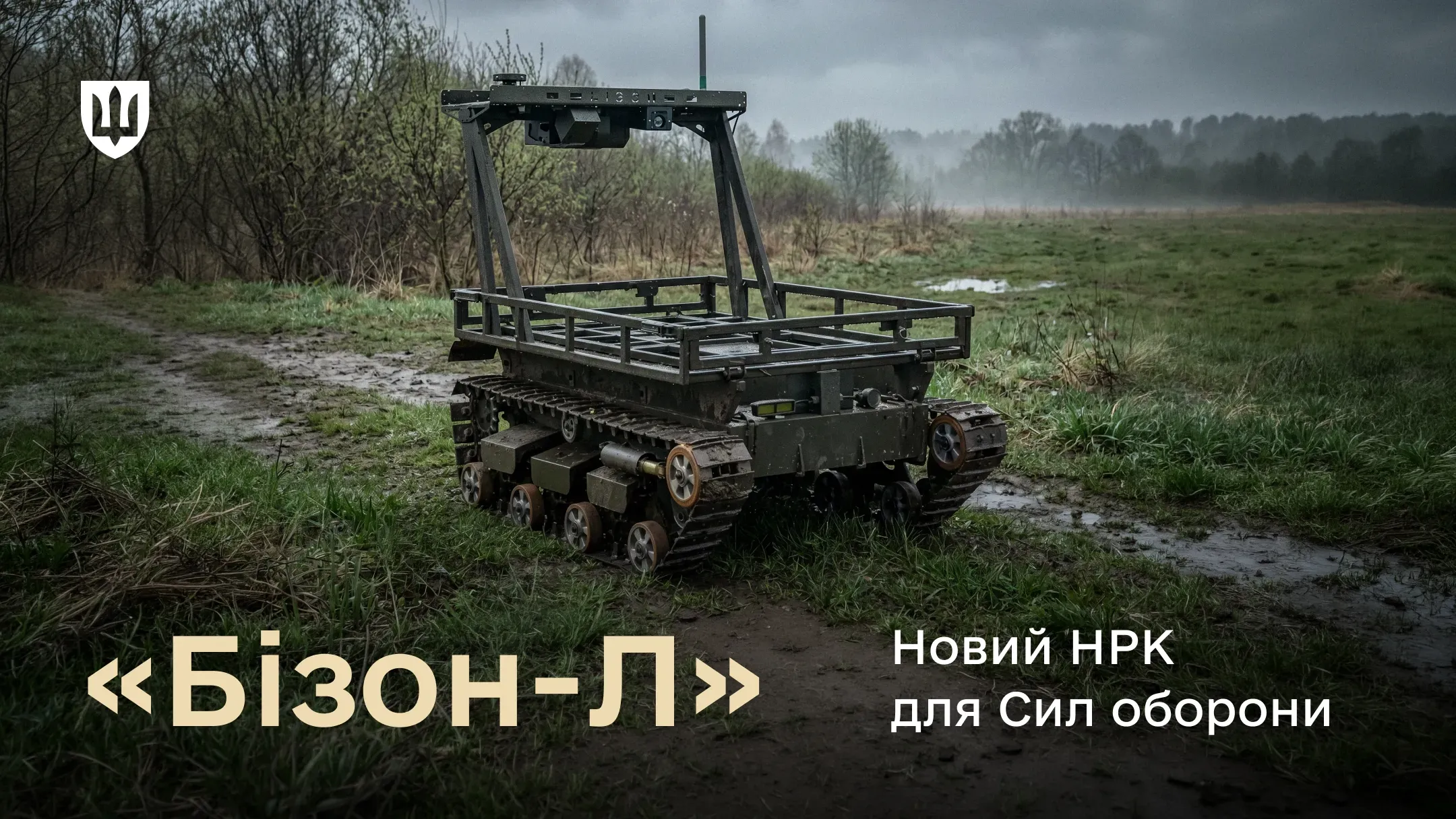 НРК «Бізон-Л» на гусеничному ходу стоїть на ґрунтовій дорозі серед поля в заболоченій місцевості