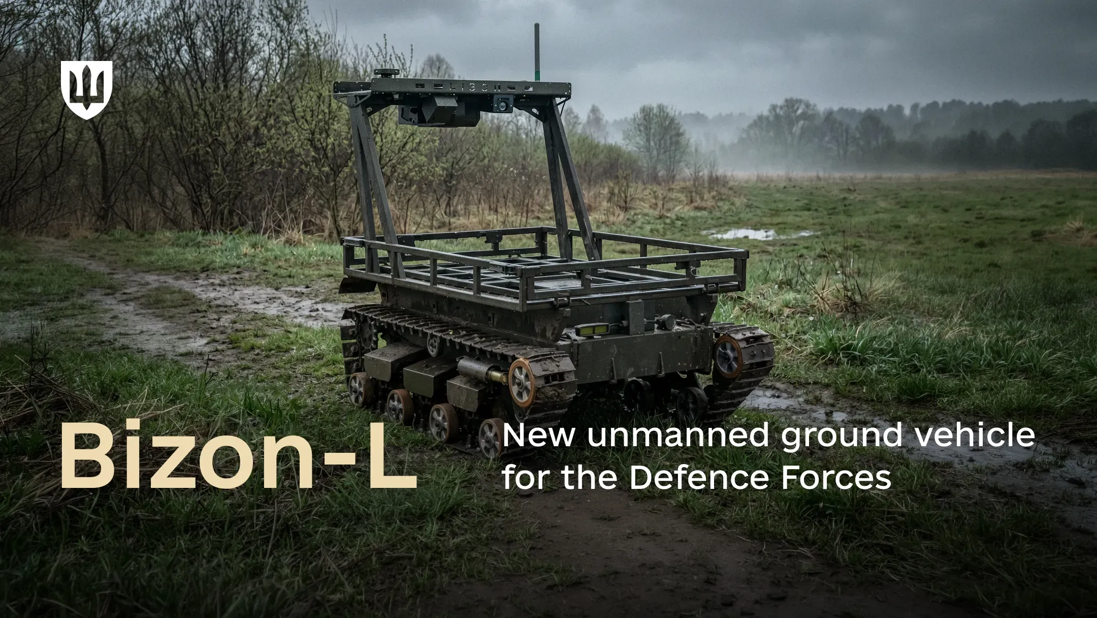 “Bizon-L” tracked unmanned ground vehicle on a dirt road in a marshy field