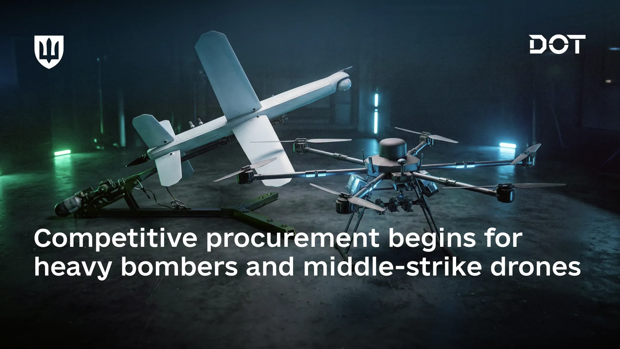 A middle-strike drone and a heavy bomber UAV on display