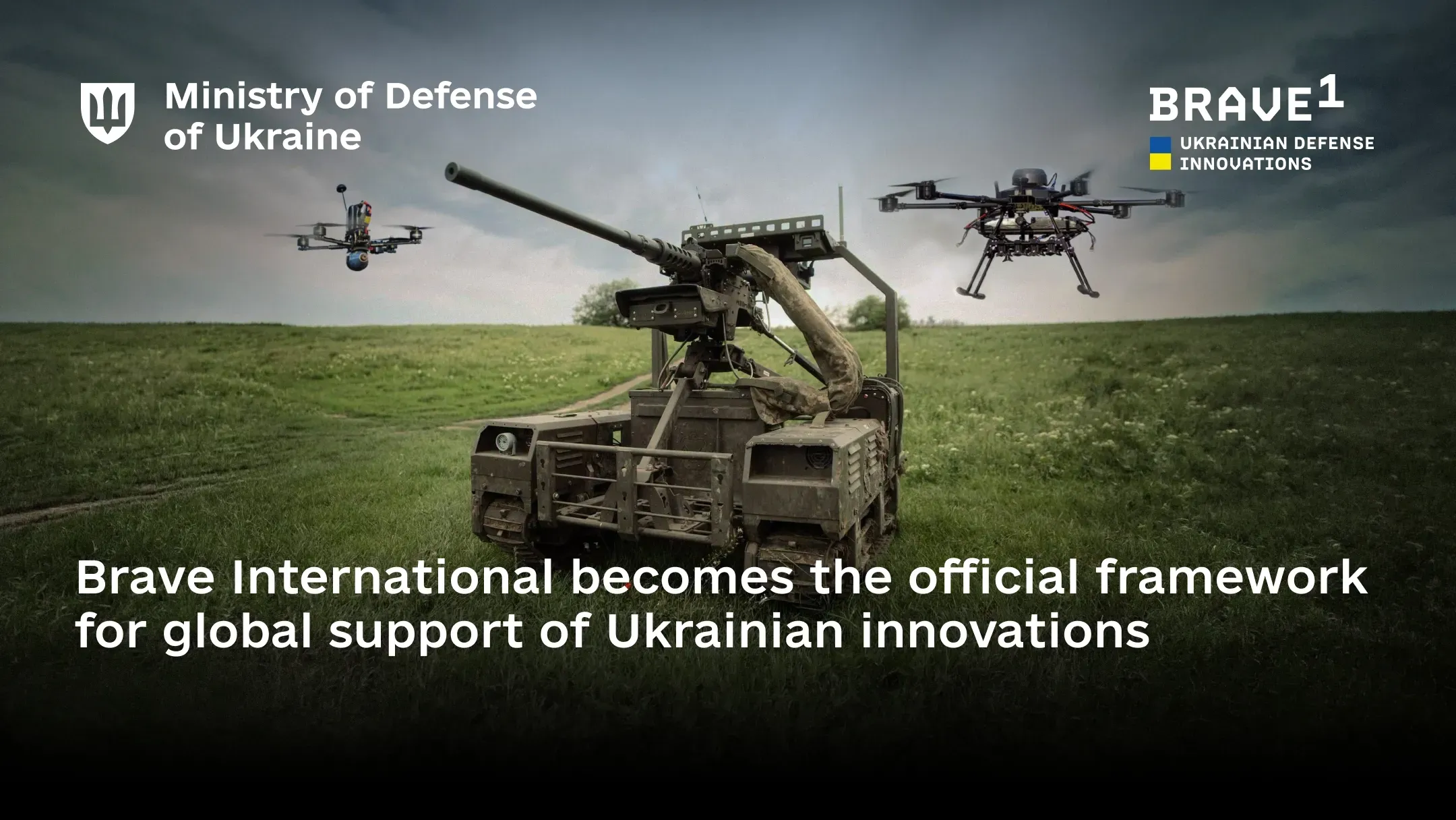 An unmanned ground vehicle with drones in flight above it