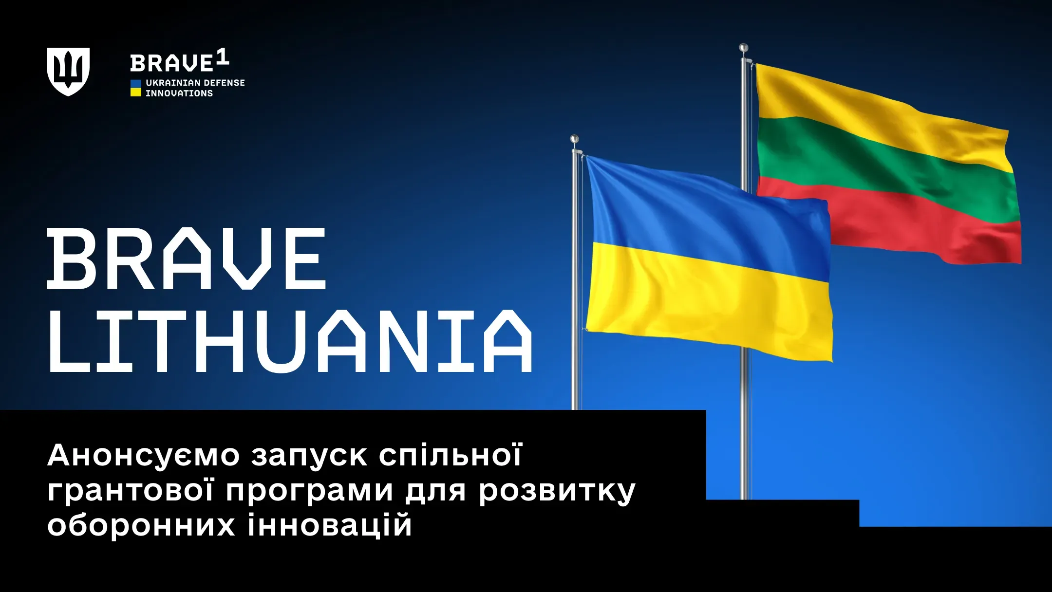 На синьому тлі майорять державні прапори України та Литви, а також розміщено анонс спільної грантової програми «Brave Lithuania» для підтримки розвитку оборонних інновацій