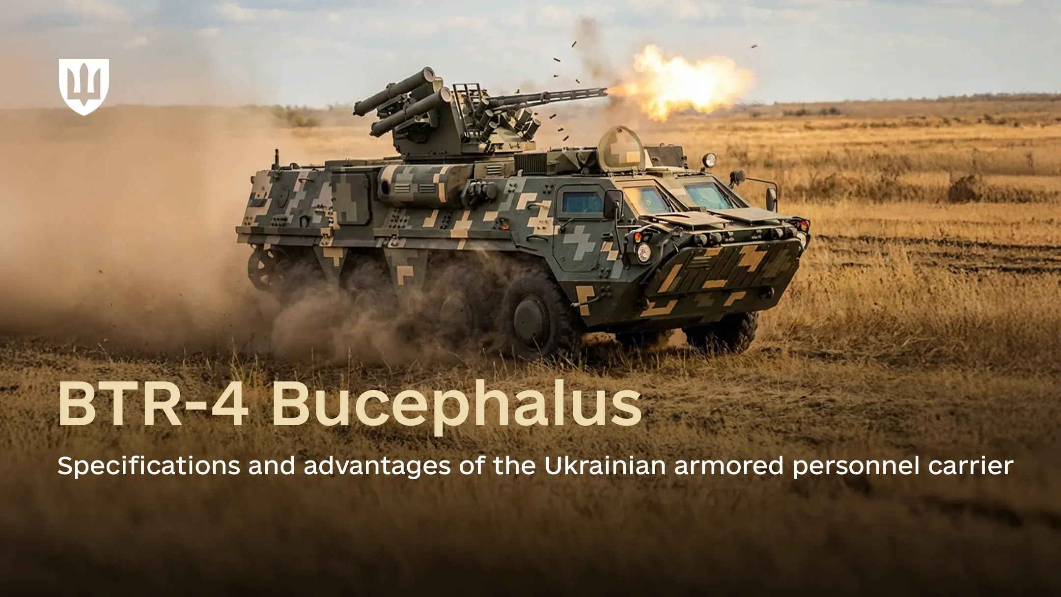 Ukrainian BTR-4 Bucephalus armored personnel carrier in pixel-pattern camouflage engages targets with its weapon station while on the move across a field