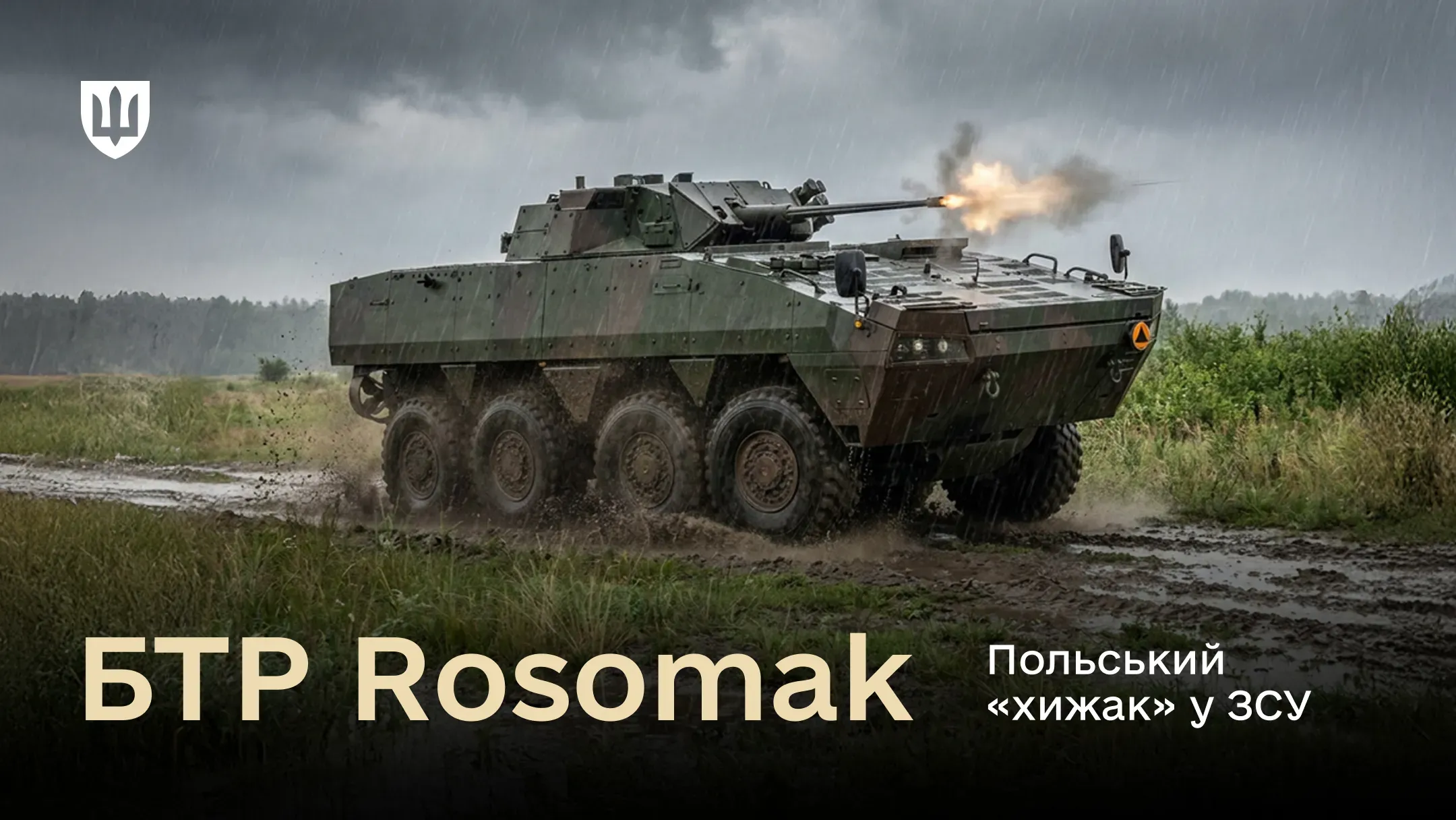 Фото польського колісного бронетранспортера Rosomak у камуфляжі, що рухається ґрунтовою дорогою серед поля під час дощу