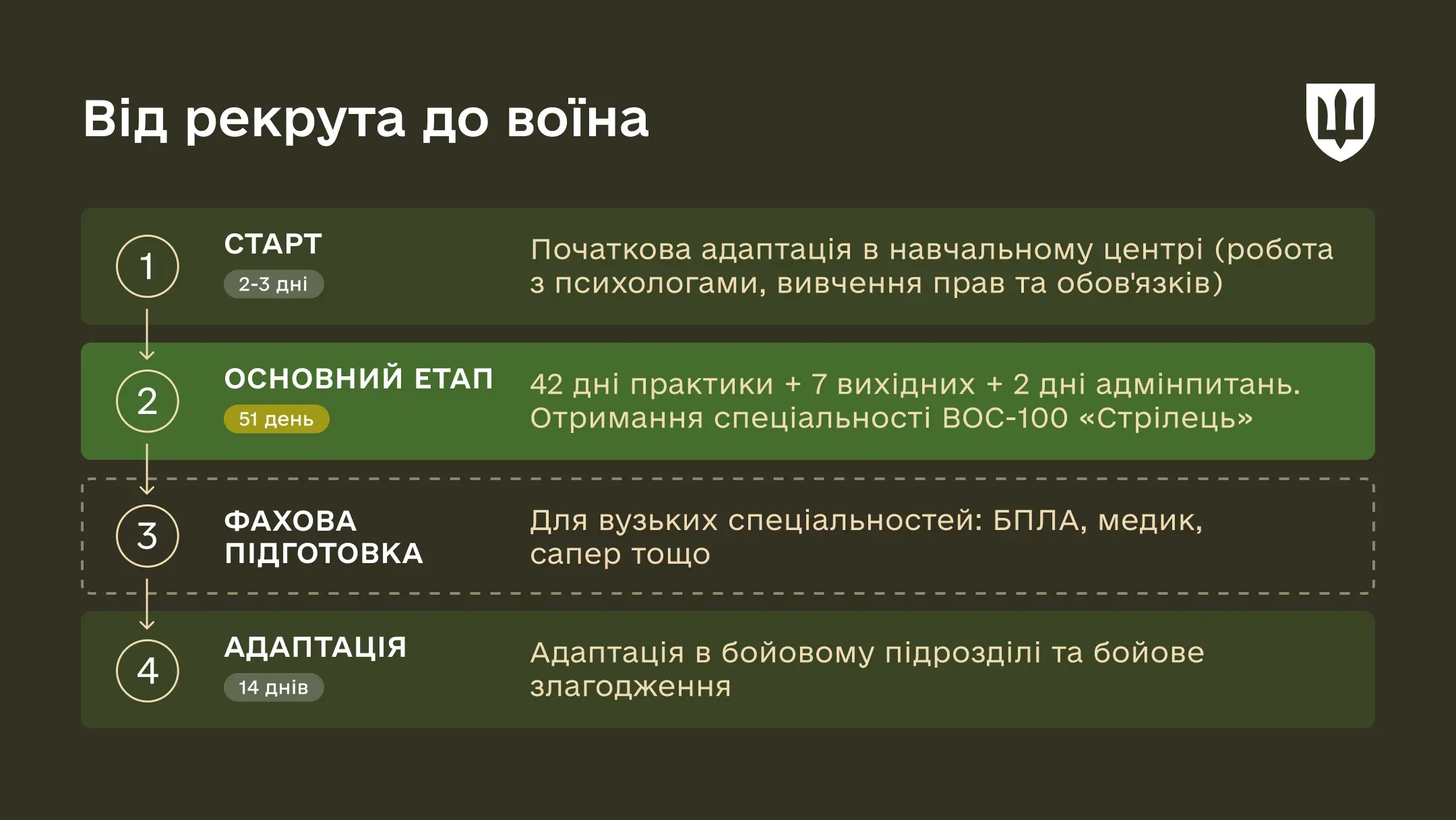 Інфографіка під назвою «Від рекрута до воїна». Відображає чотири етапи військового шляху: старт із початковою адаптацією (2-3 дні), основний етап БЗВП (51 день).
