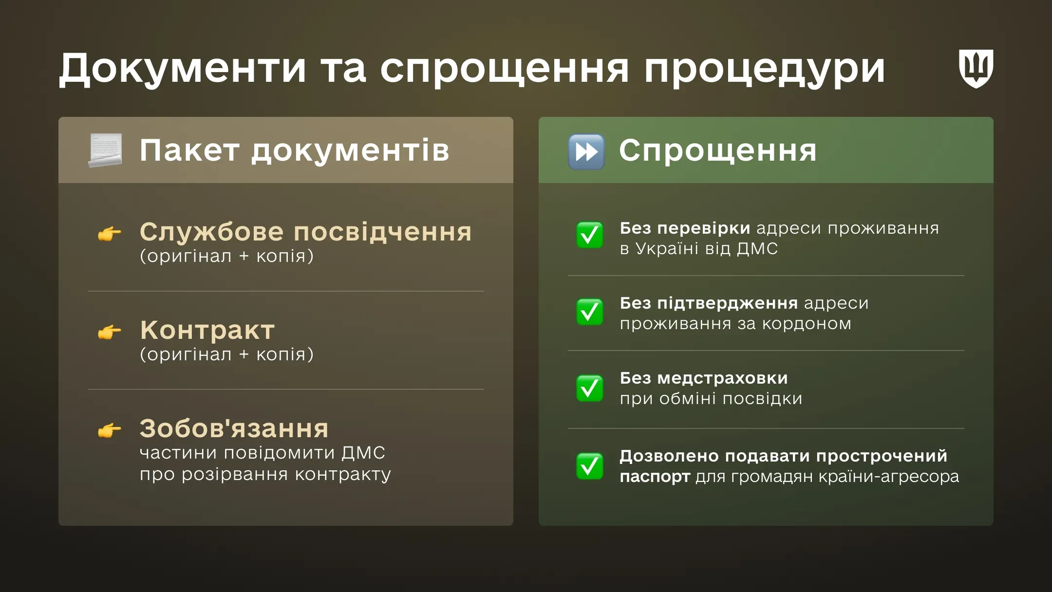 Інфографіка містить перелік документів для оформлення посвідки: службове посвідчення, контракт і зобов’язання військової частини повідомити ДМС про припинення контракту. Окремо наведено спрощення процедури: без перевірки адреси проживання в Україні, без підтвердження адреси за кордоном, без медичного страхування при обміні посвідки та можливість подавати прострочений паспорт у передбачених законодавством випадках