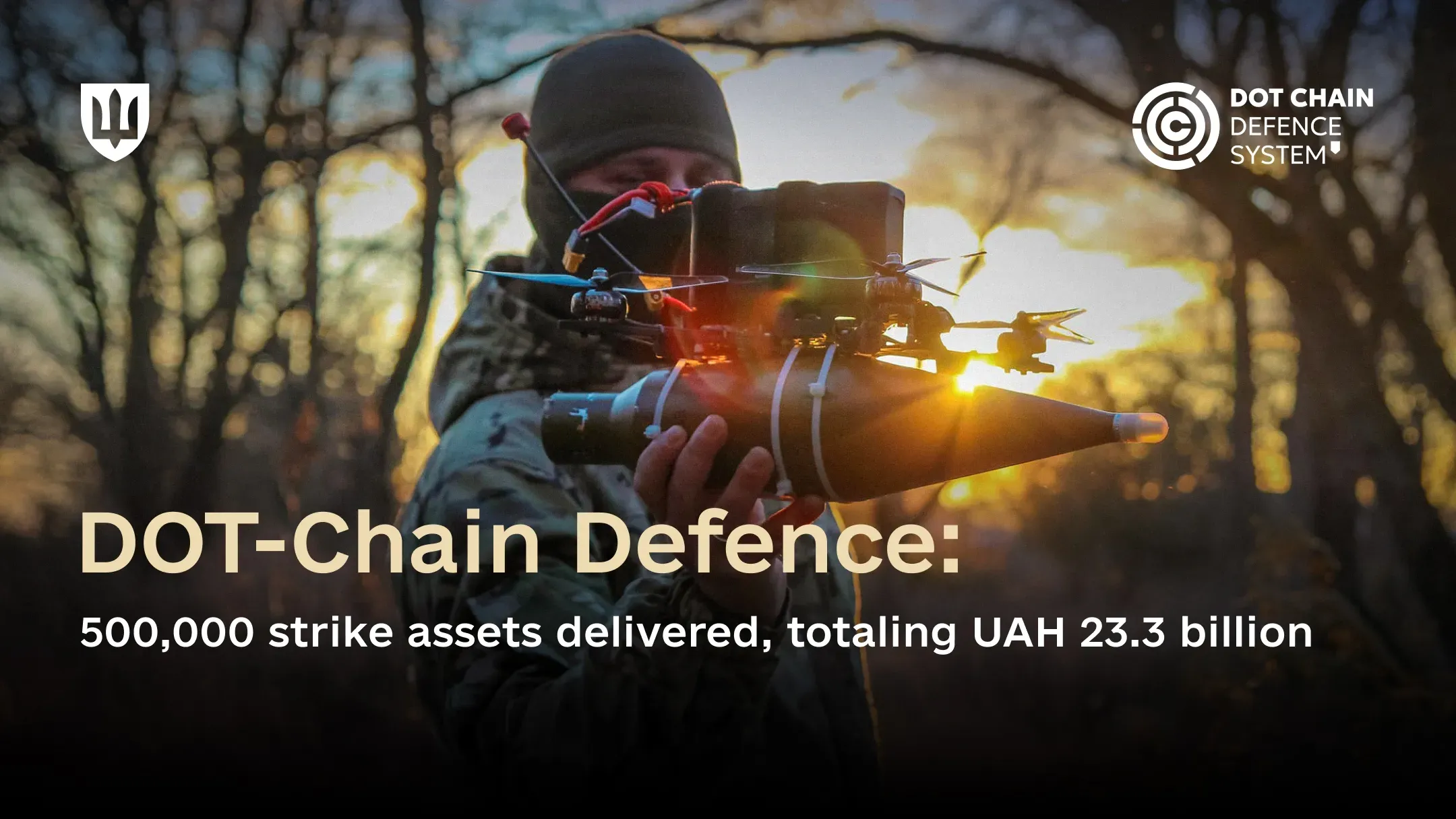 A Ukrainian service member holds an FPV drone with an attached munition at sunset. Overlaid text states that 500,000 strike assets were delivered through the DOT-Chain Defence system