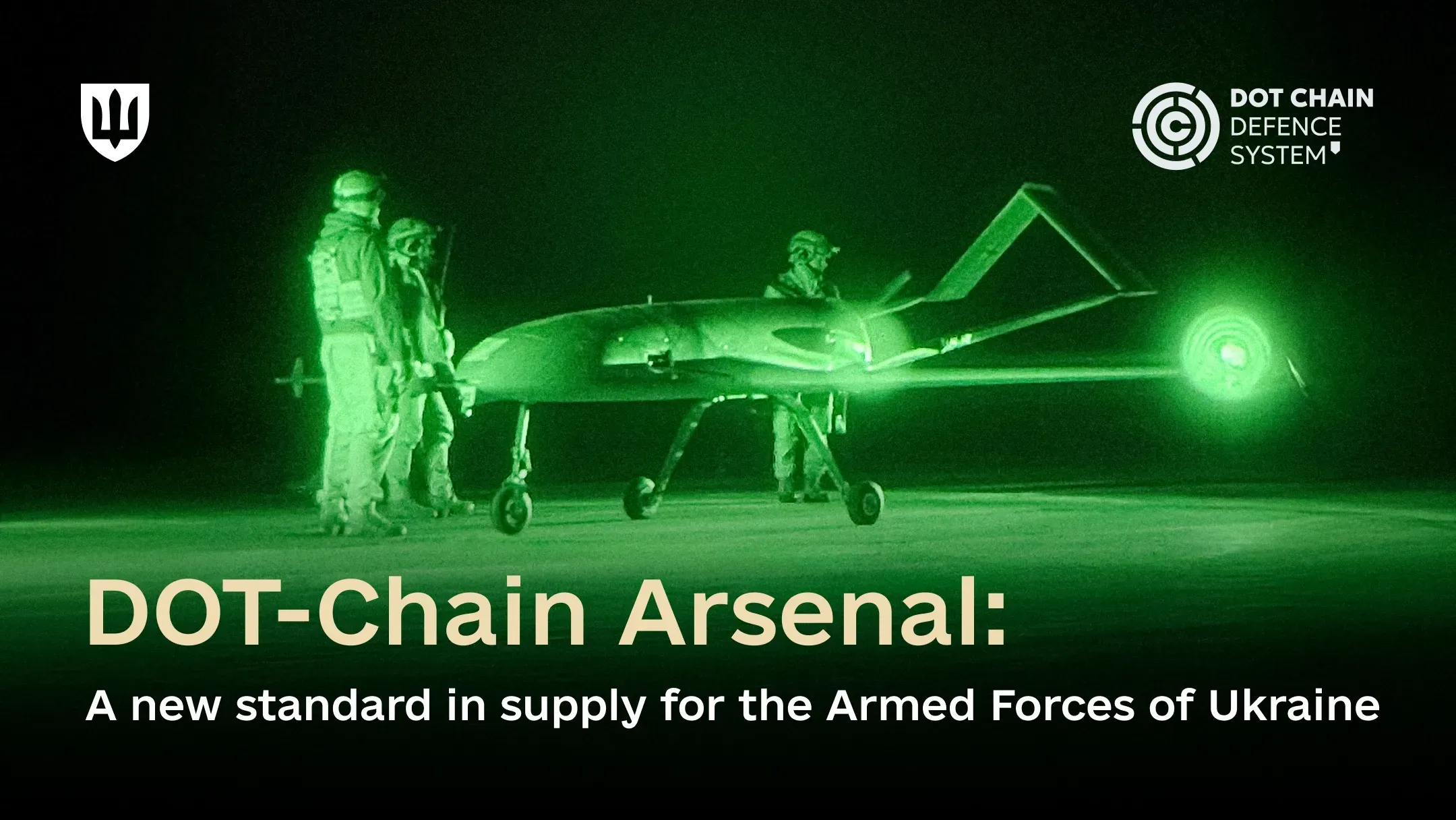 Service members prepare an unmanned aerial vehicle for flight on a runway, captured in green night-vision imagery