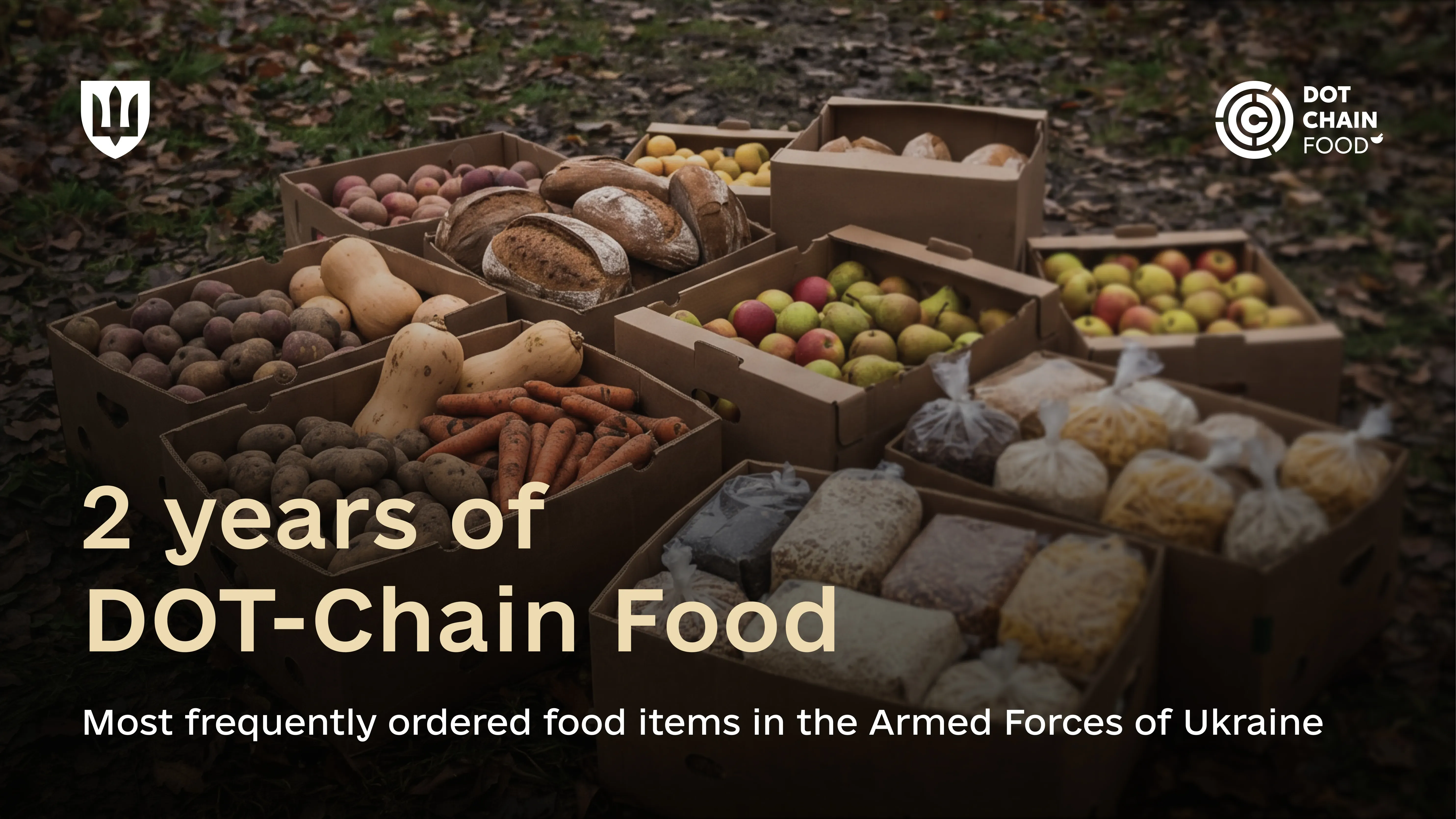 Cardboard boxes of bread, potatoes, carrots, squash, apples, pasta, and cereals on the ground, with the DOT-Chain Food logo. Text on image: “2 years of DOT-Chain Food. Food products most often ordered by the Armed Forces of Ukraine”