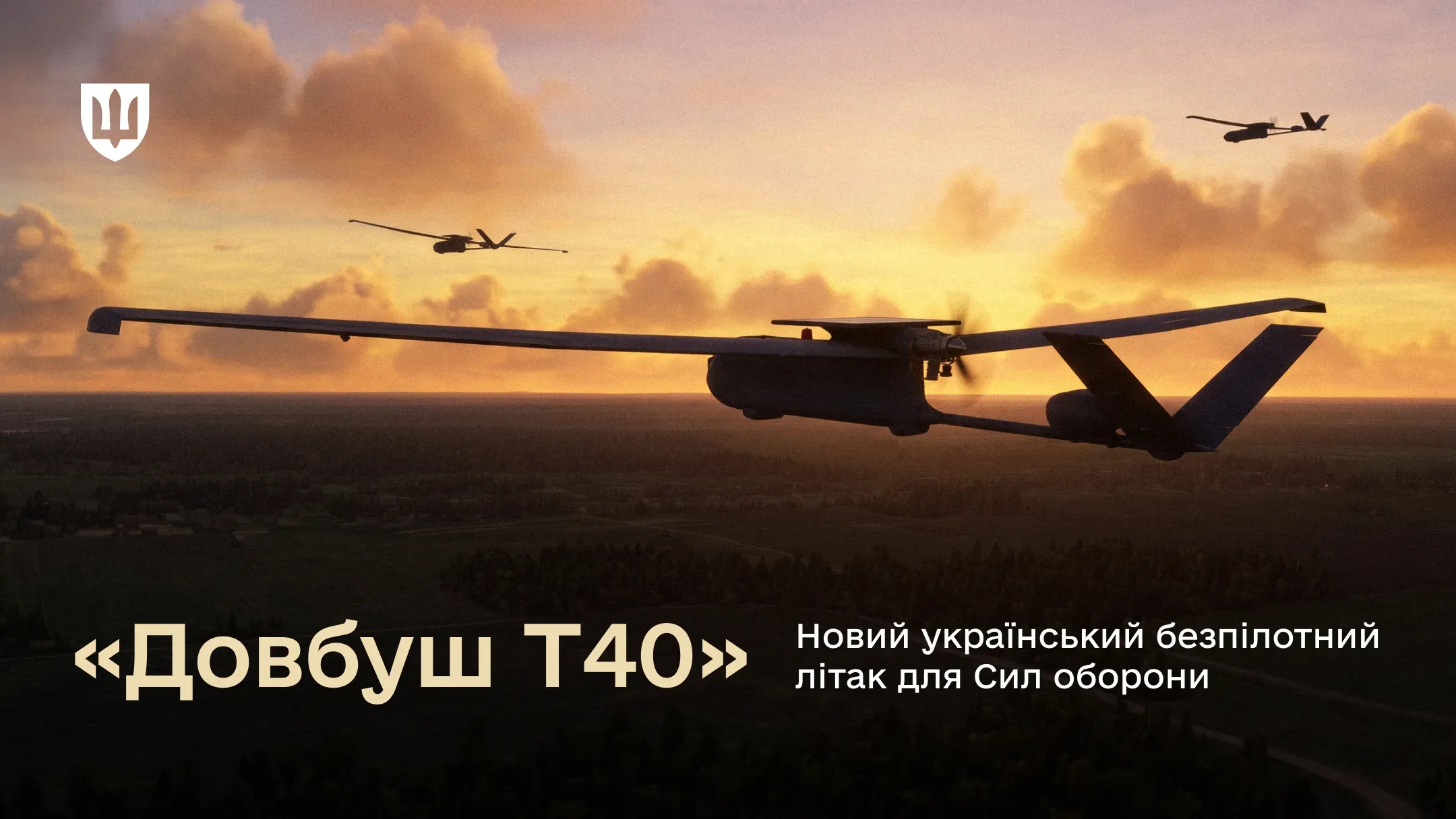 Безпілотні літаки «Довбуш Т40» у польоті на тлі неба на заході сонця