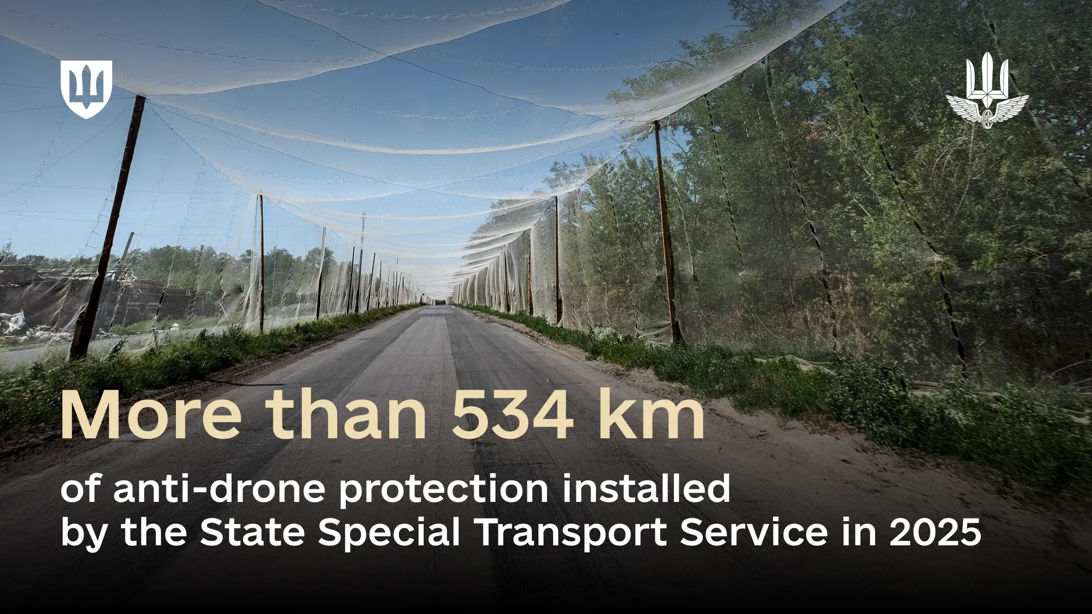 Anti-drone protection set up by the State Special Transport Service along a road in a frontline region