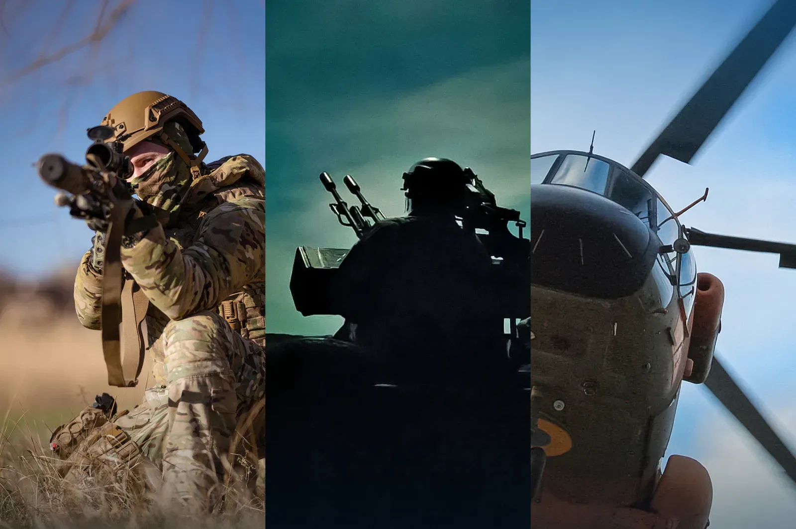 Collage of three images: a Ukrainian service member in camouflage aiming a rifle, a mobile fire group service member operating a machine gun to defend the sky, and a helicopter in flight