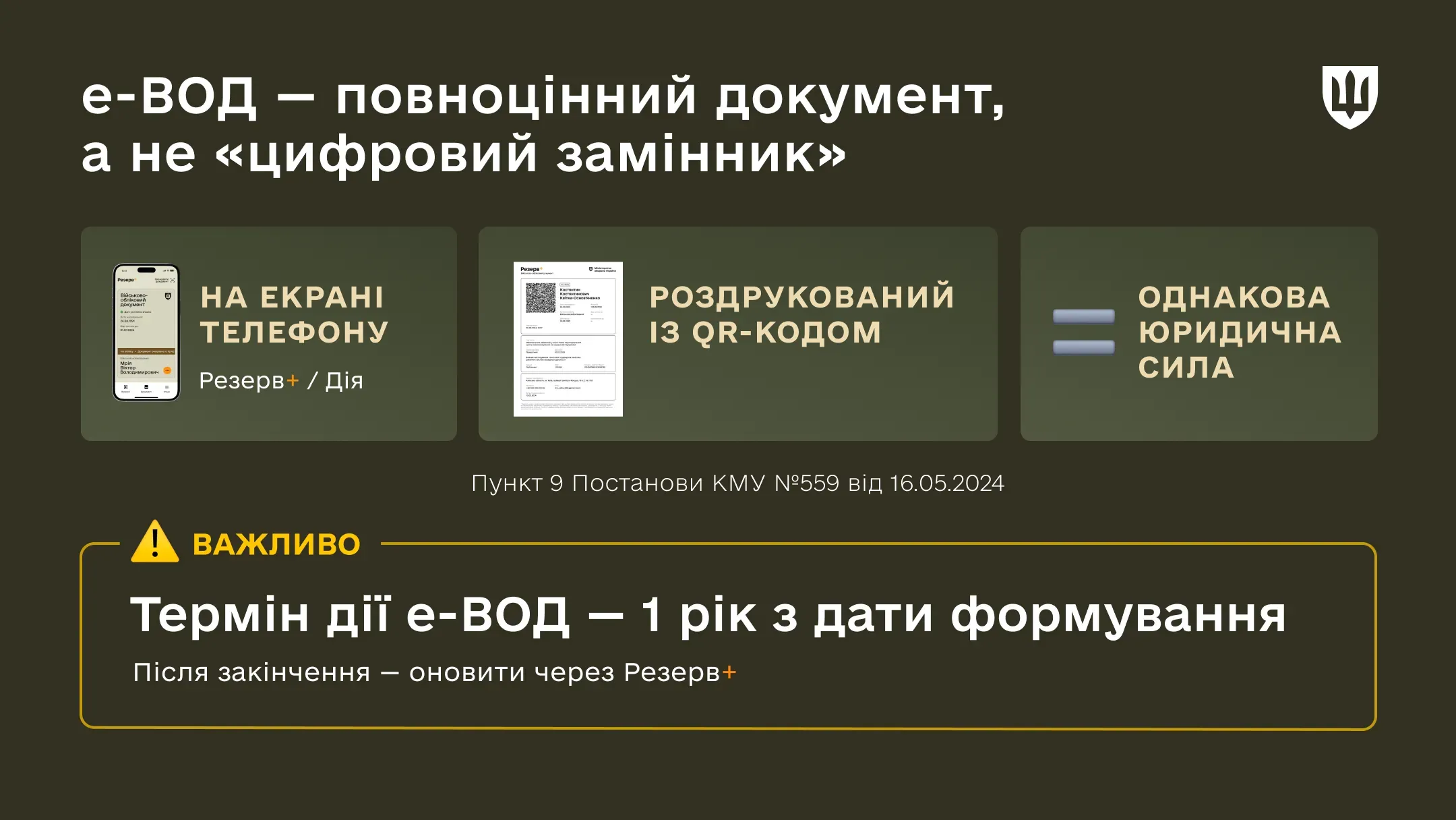 Інфографіка, що пояснює рівнозначність цифрового документа у телефоні та роздруківки з QR-кодом. Зазначено термін дії — 1 рік.
