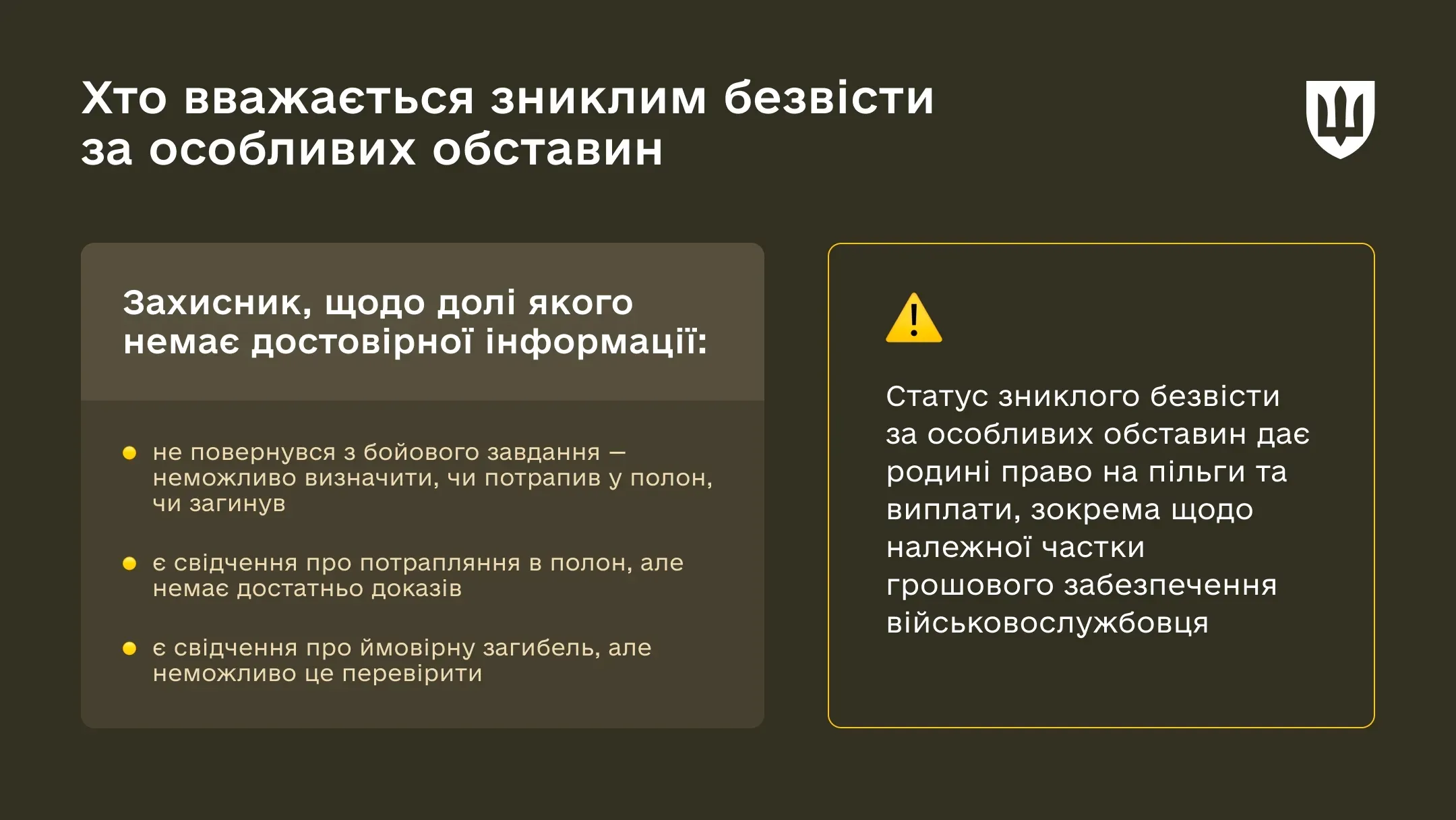 Інфографіка Коли надається статус «зниклий безвісти за особливих обставин» для військових