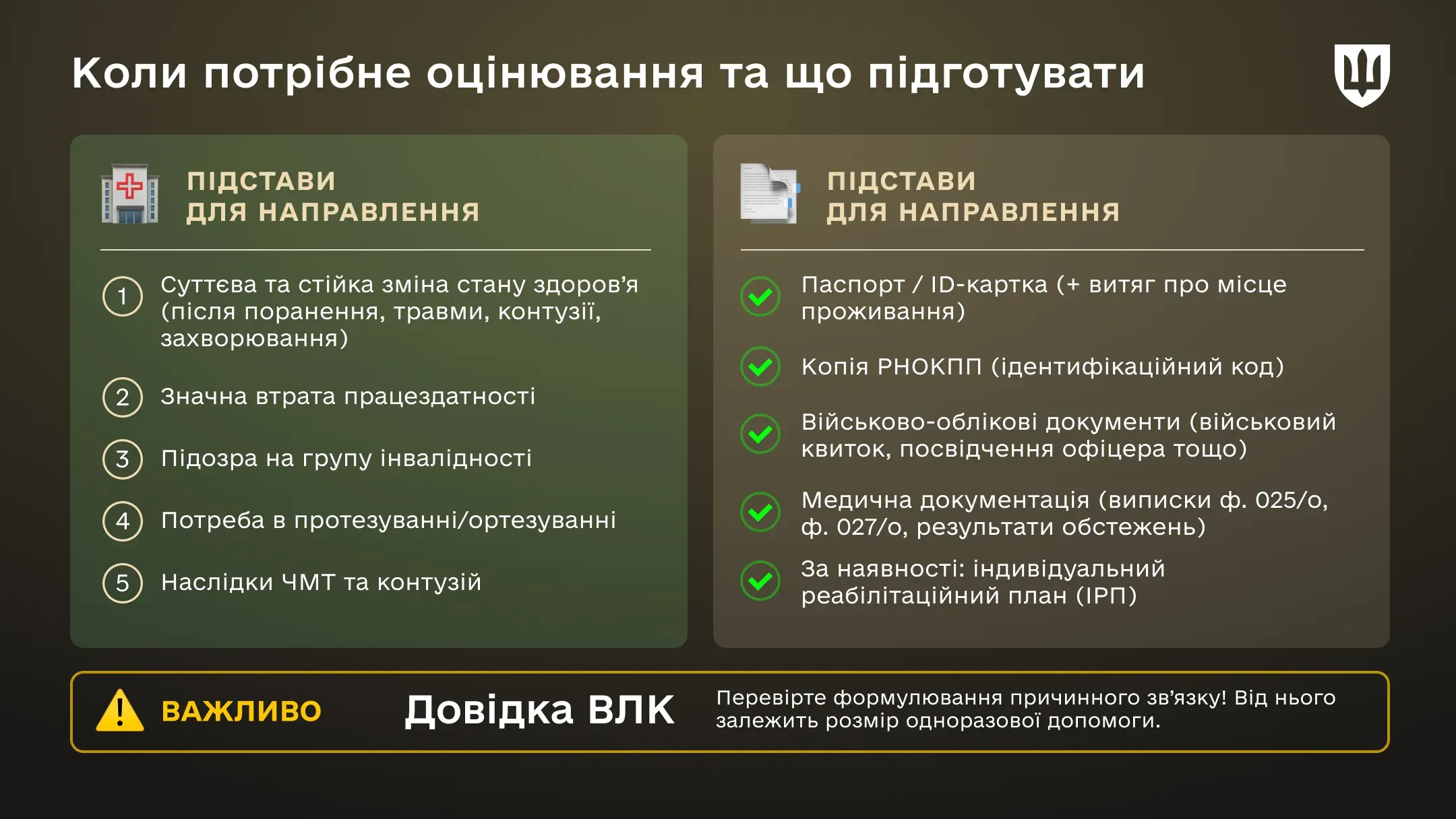 Інфографіка «Коли потрібне оцінювання та що підготувати». Ліворуч перелічено 5 підстав для направлення, як-от зміна стану здоров'я після поранення чи потреба в протезуванні. Праворуч наведено чек-лист документів: паспорт, код, військово-облікові та медичні документи. Знизу виділено жовтим блок «ВАЖЛИВО» про необхідність перевірки формулювання у довідці ВЛК