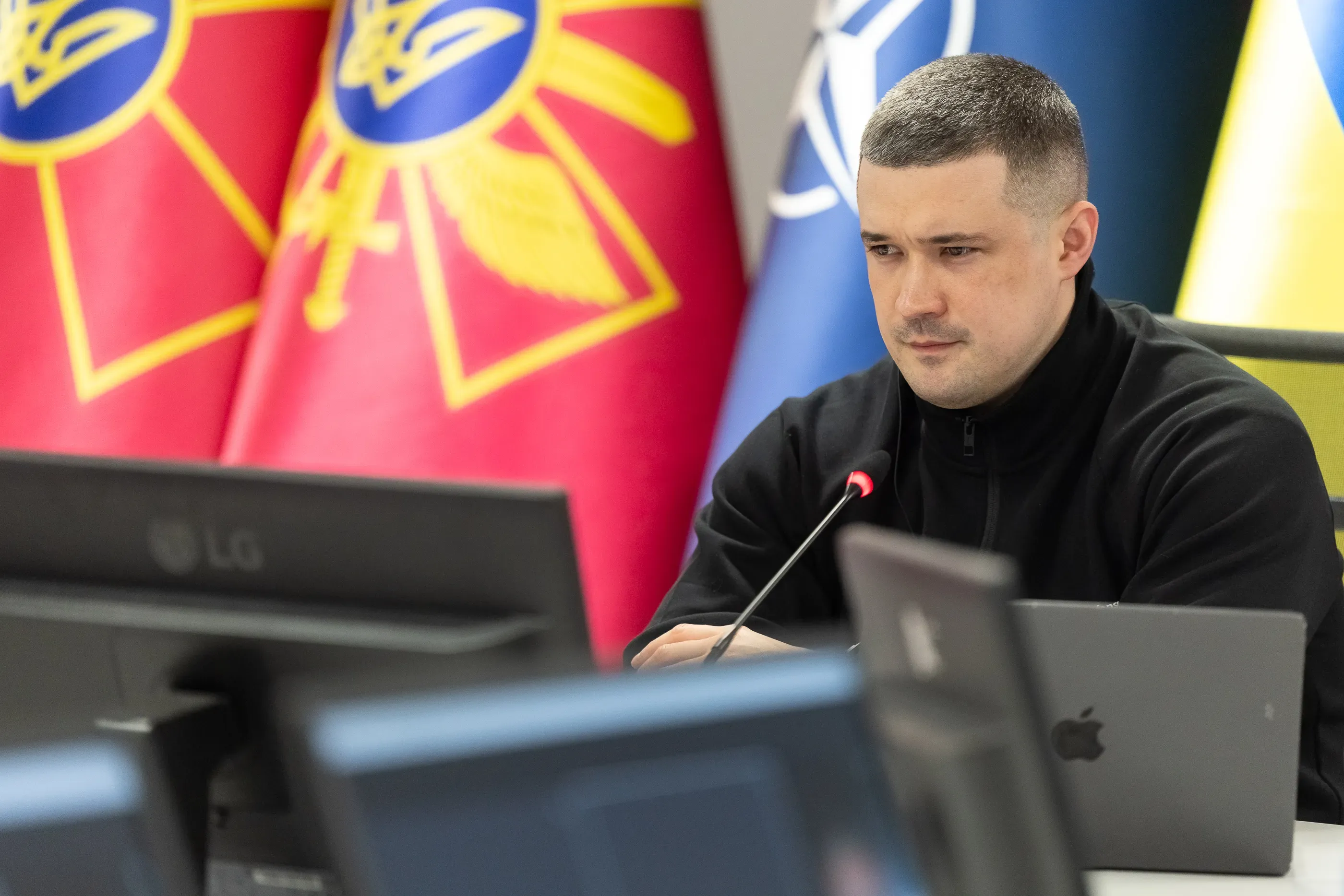 Ukraine’s Minister of Defence, Mykhailo Fedorov, during a conversation with the defence ministers of Germany and the United Kingdom and the Secretary General of NATO