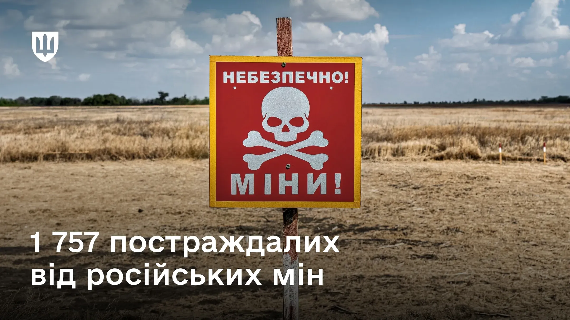 На червоному попереджувальному знаку з черепом та схрещеними кістками, встановленому на тлі сухого поля та хмарного неба, міститься напис «НЕБЕЗПЕЧНО! МІНИ!»