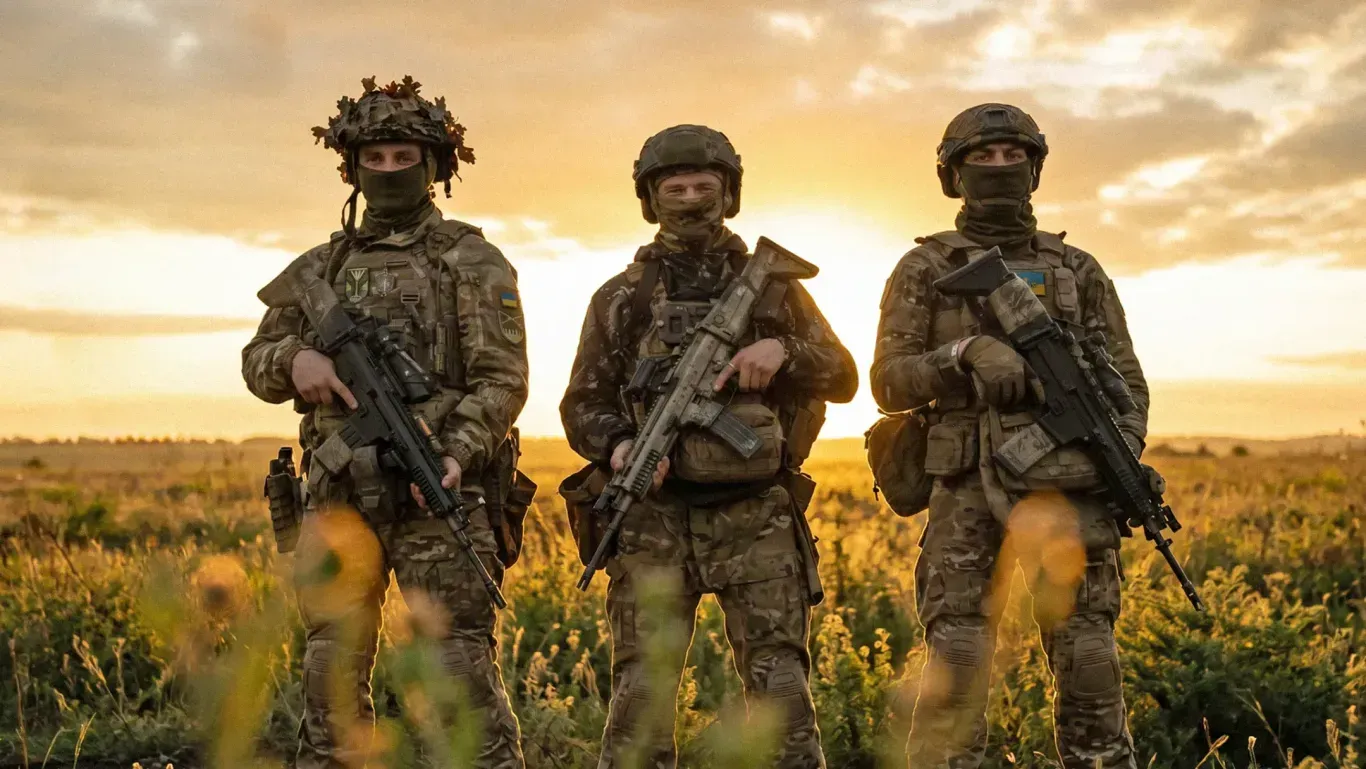 Ukrainian infantry service members in uniform, carrying weapons