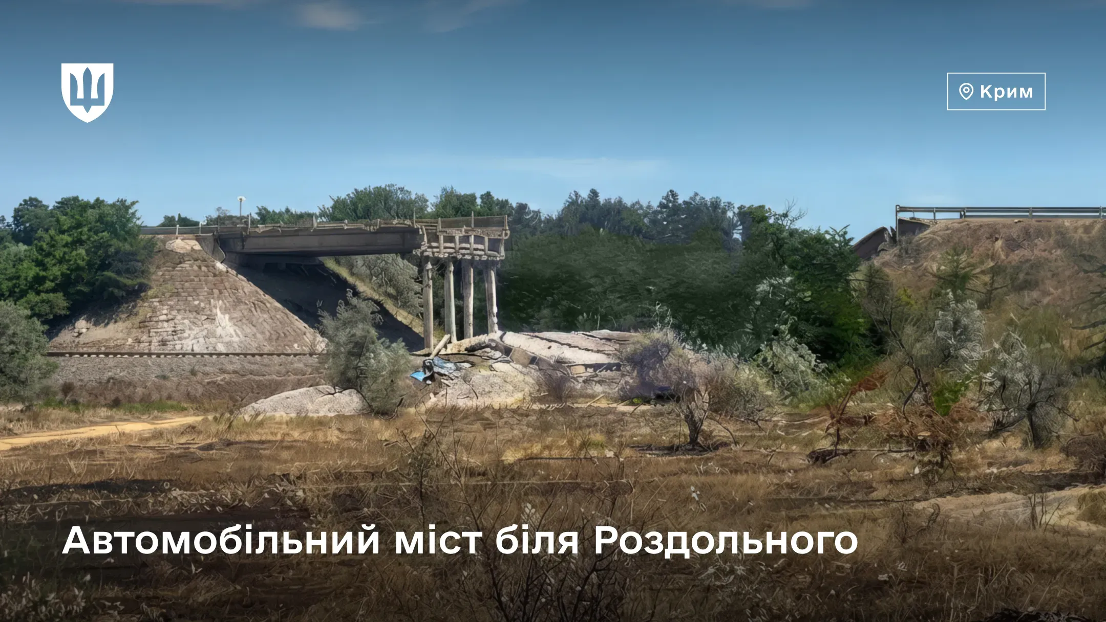 Зруйнований автомобільний міст із обваленими бетонними прольотами на тлі дерев