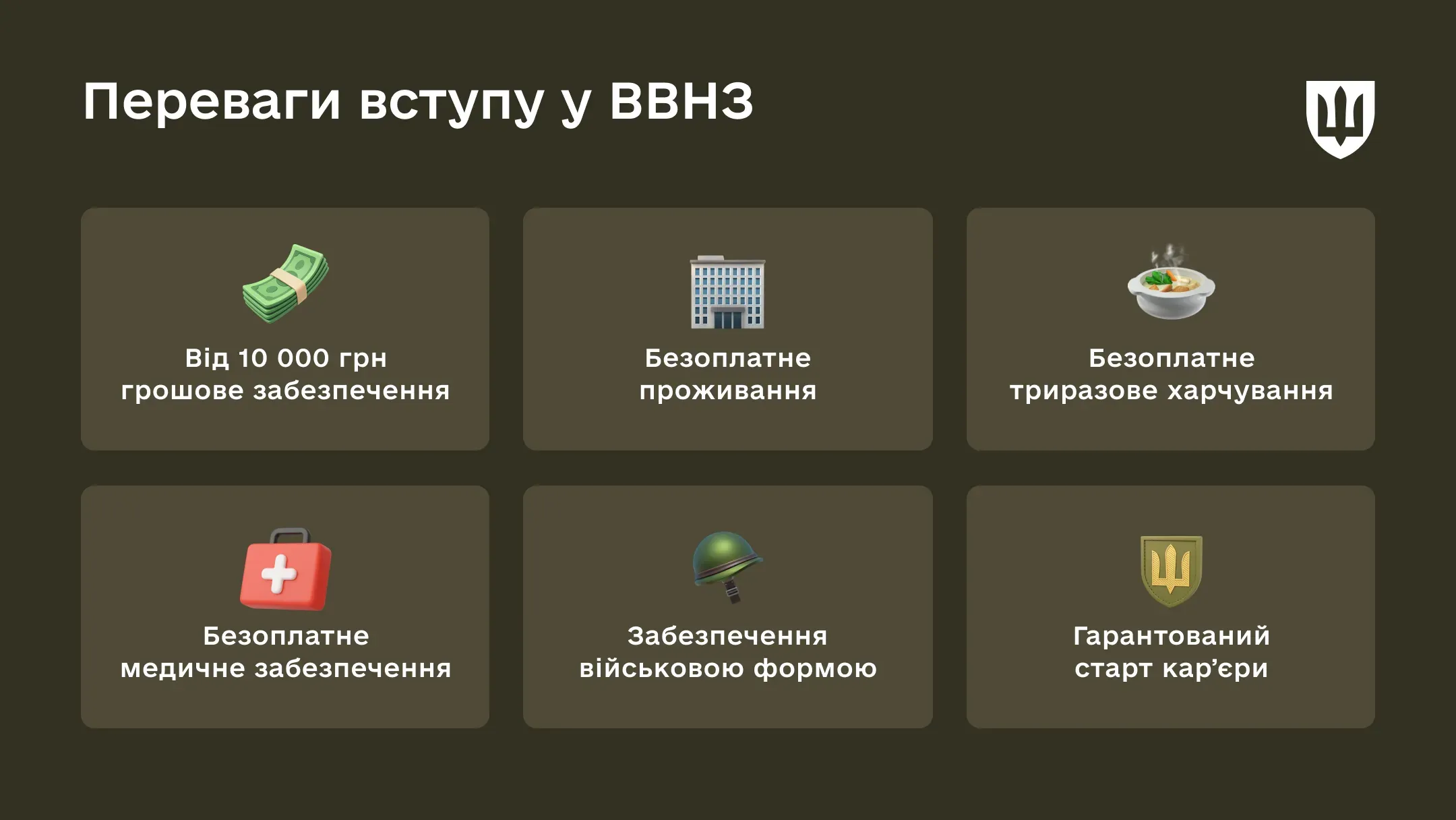 Переваги вступу до ВВНЗ, серед яких грошове, медичне та речове забезпечення, а також безплатне проживання, харчування та гарантований старт кар'єри