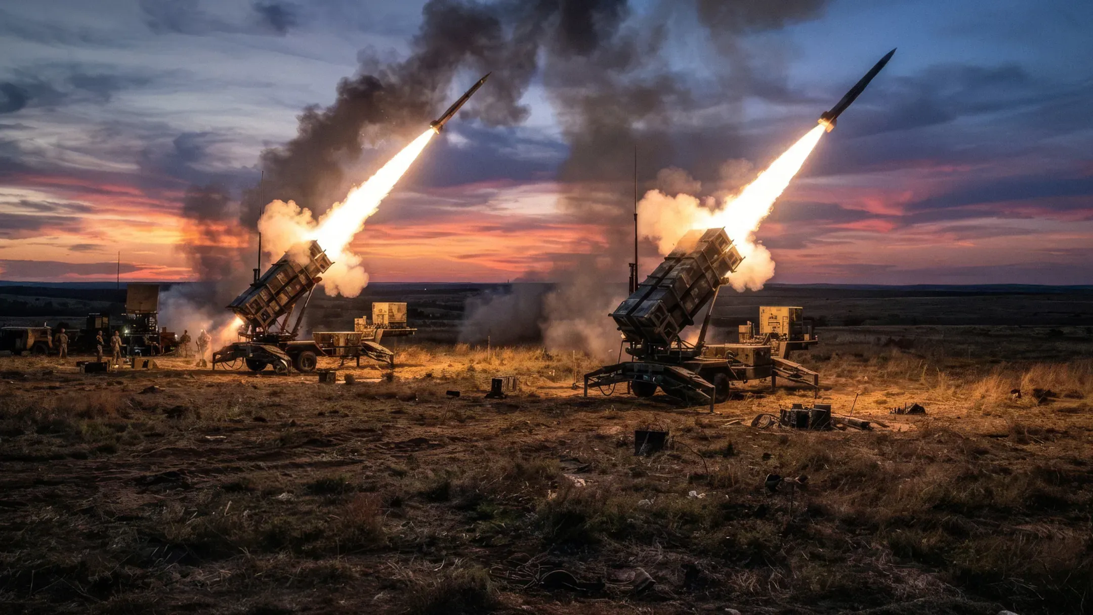 Дві пускові установки зенітно-ракетного комплексу Patriot під час пуску ракет у полі на тлі вечірнього неба