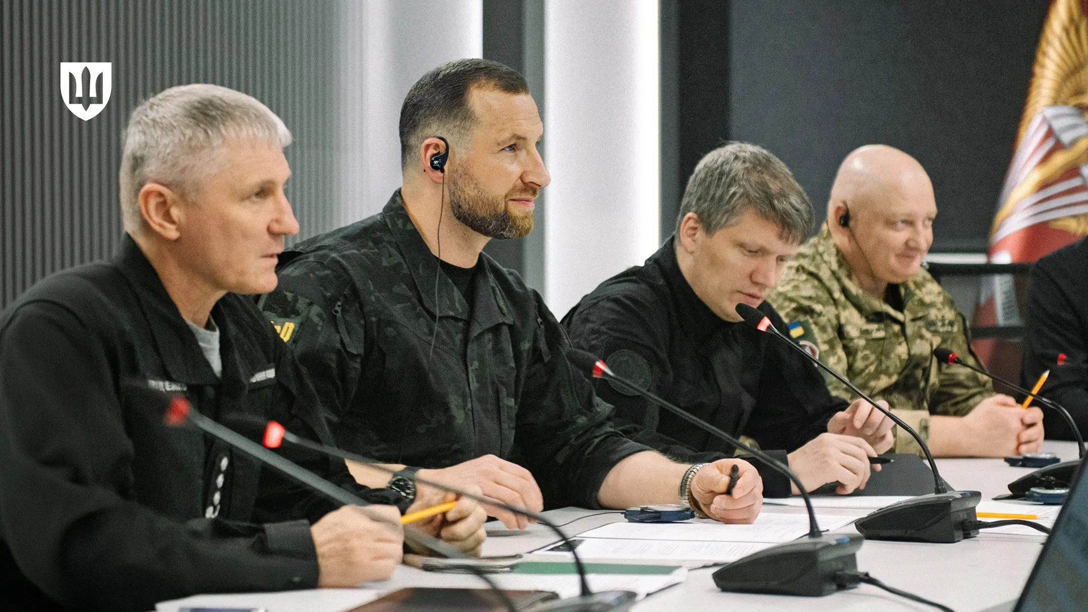Minister of Defence of Ukraine Evgeniy Khmara and members of the Ukrainian delegation during the meeting with the Chancellor of Germany